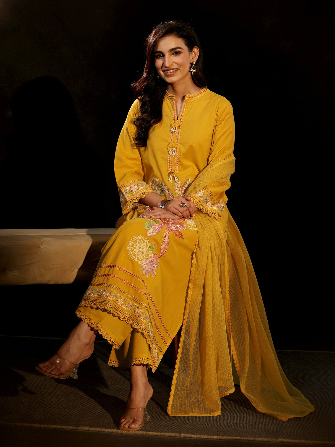 Mameraa Mustard Floral Embroidered Cotton Straight Suit Set