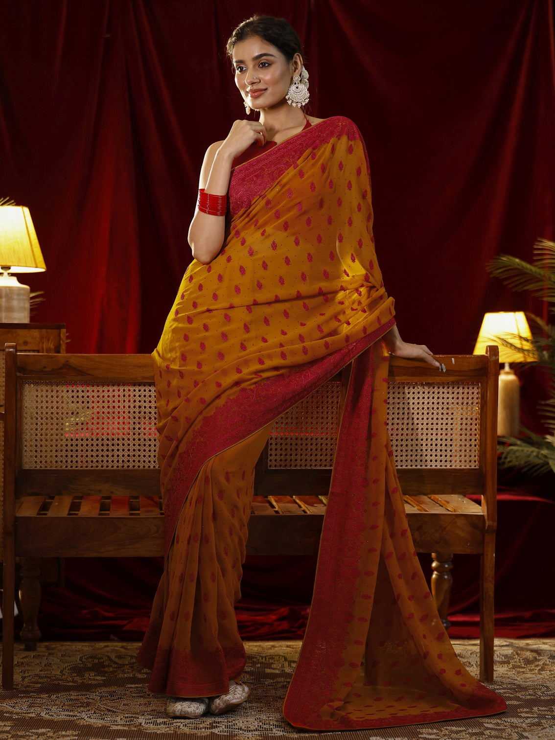 Mameraa Mustard Floral Embroidered Georgette Saree