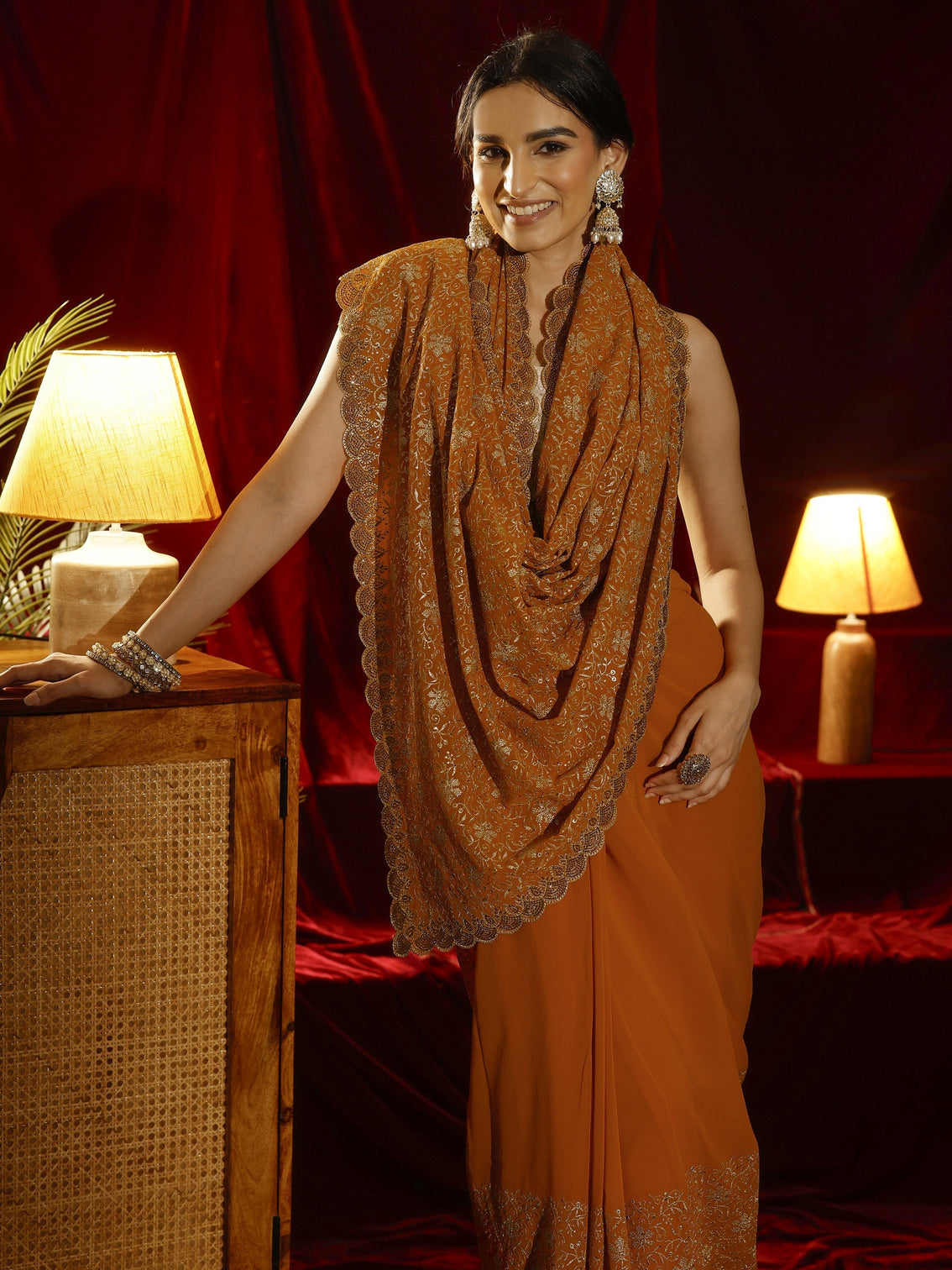 Mameraa Mustard Floral Embroidered Georgette Saree