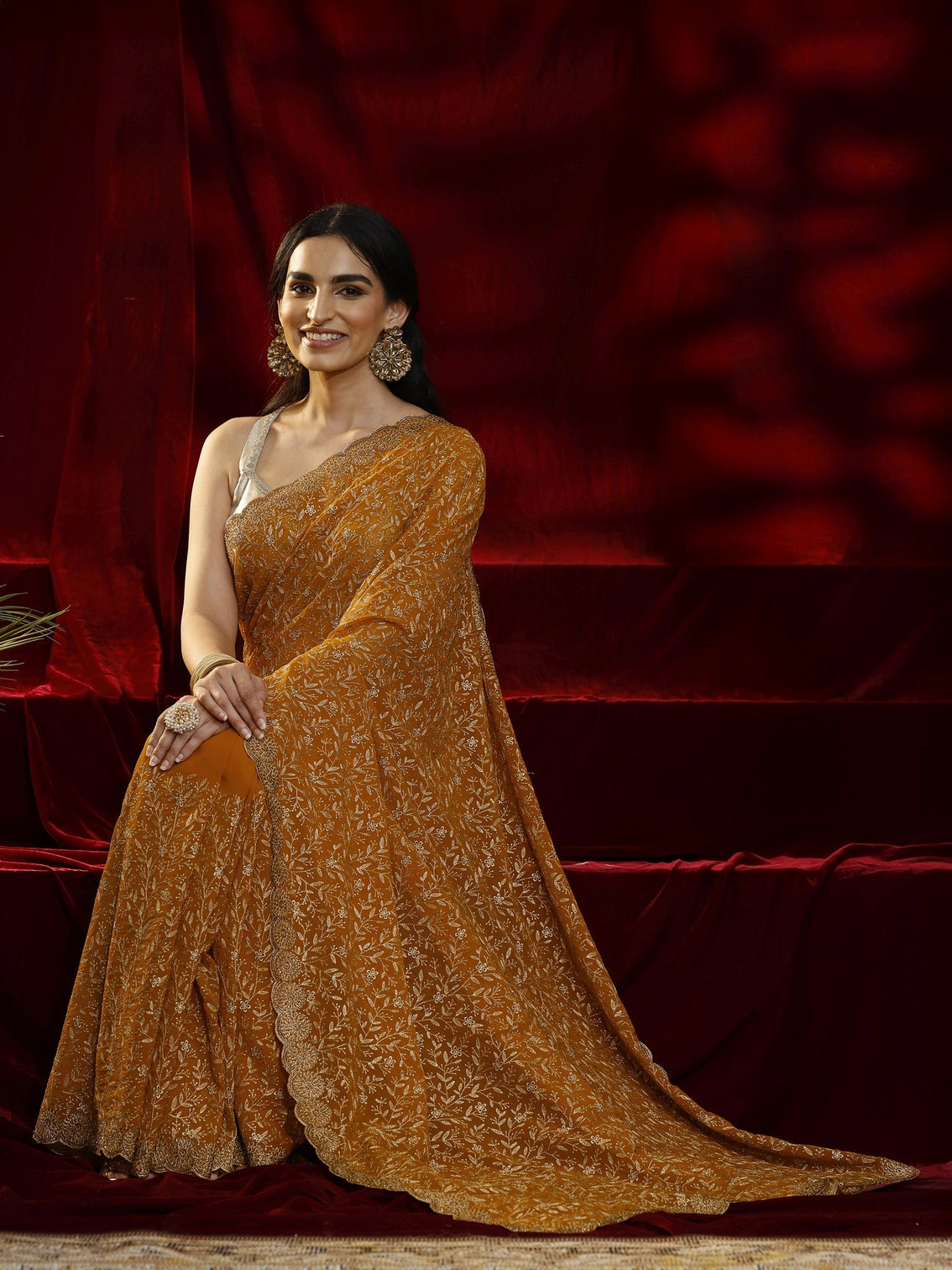 Mameraa Mustard Floral Embroidered Georgette Saree