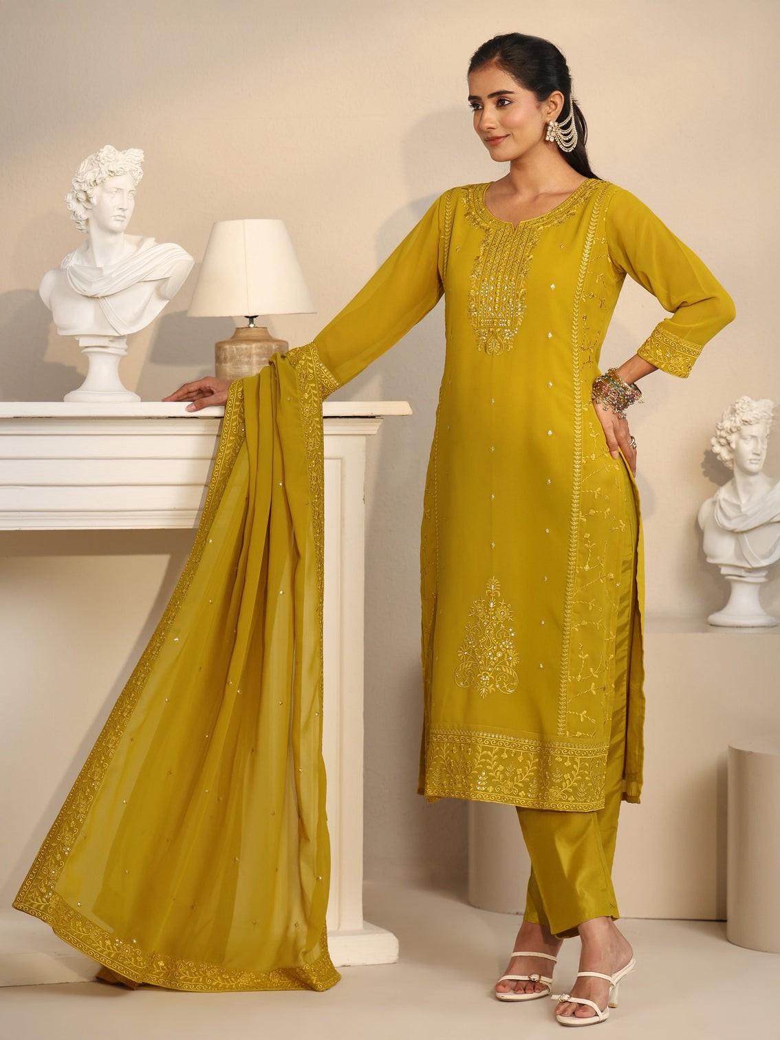Mameraa Mustard Floral Embroidered Georgette Straight Suit Set