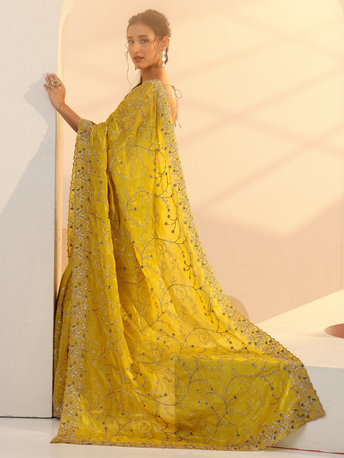 Mameraa Mustard Floral Embroidered Satin Saree