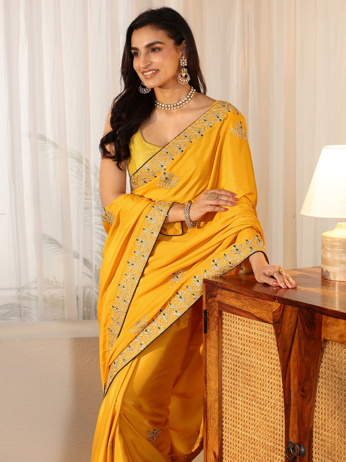 Mameraa Mustard Floral Embroidered Satin Saree
