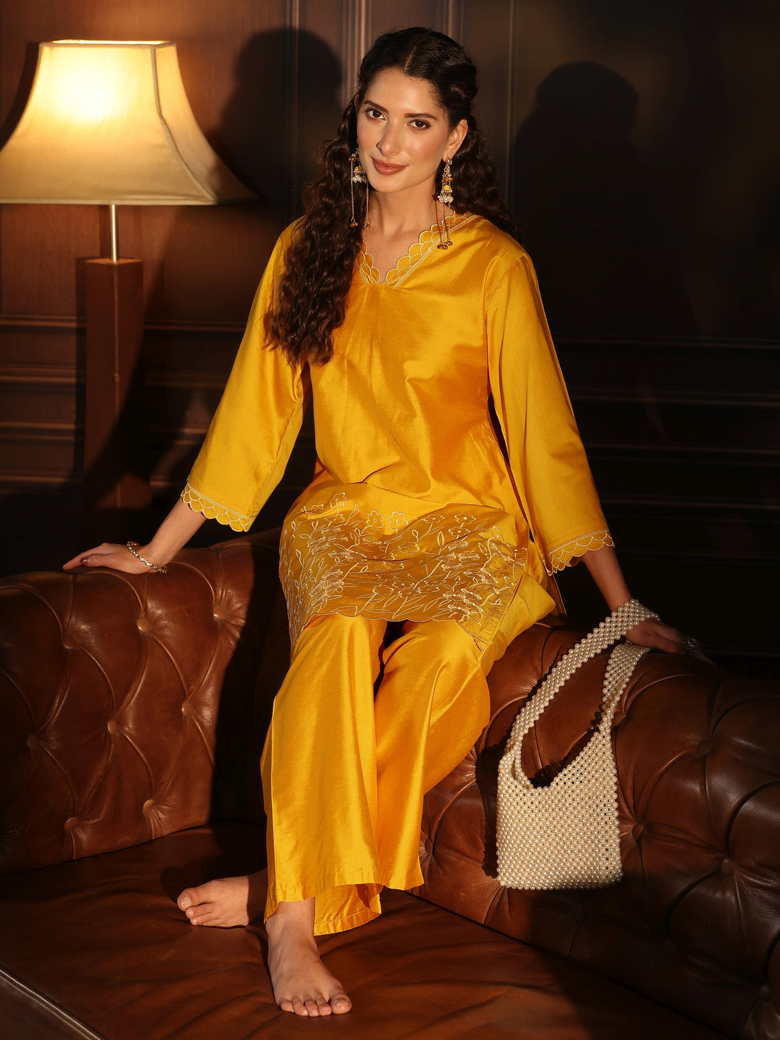 Mameraa Mustard Floral Embroidered Silk Blend Co-Ord Set