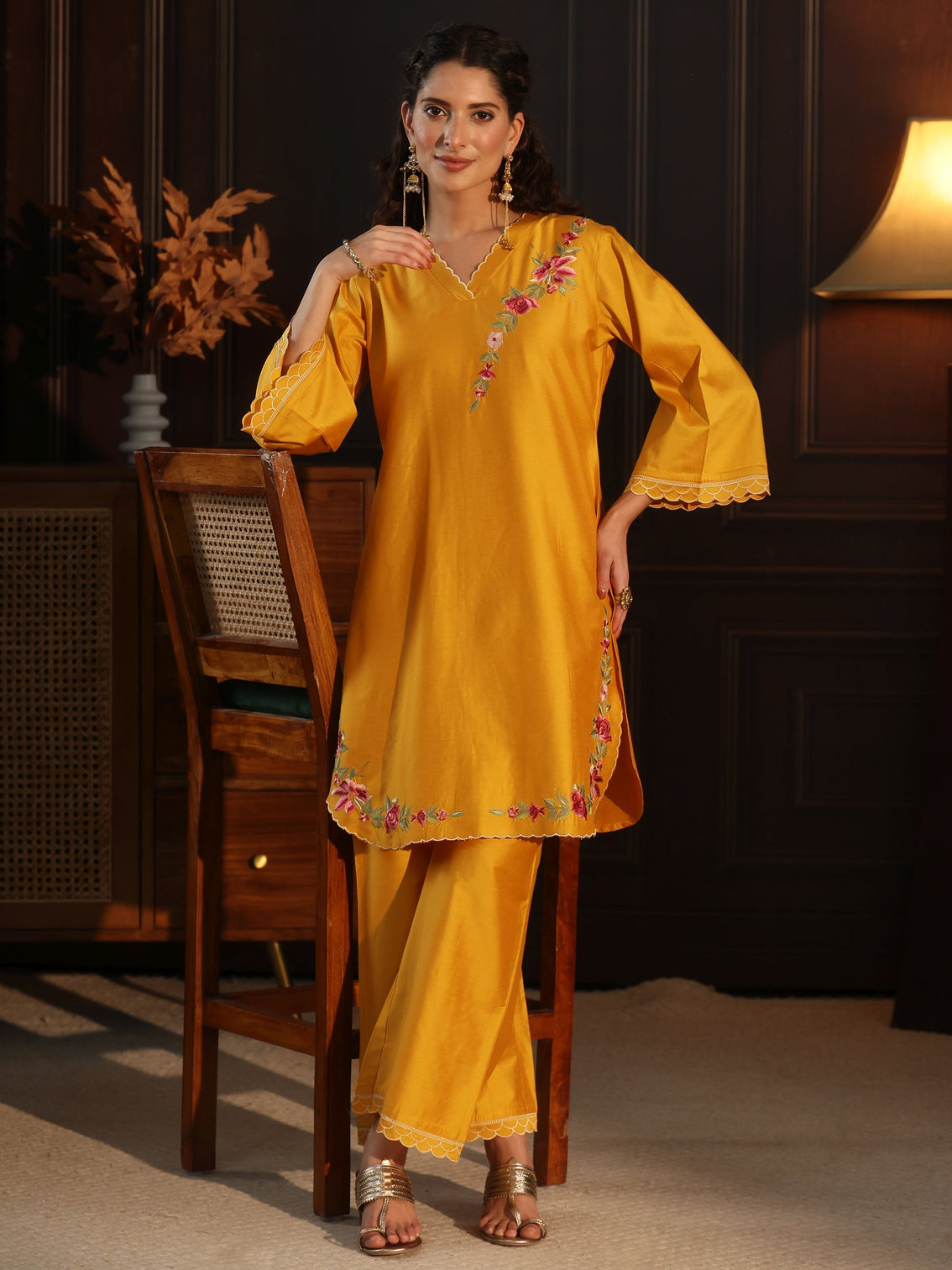 Mameraa Mustard Floral Embroidered Silk Blend Co-Ord Set