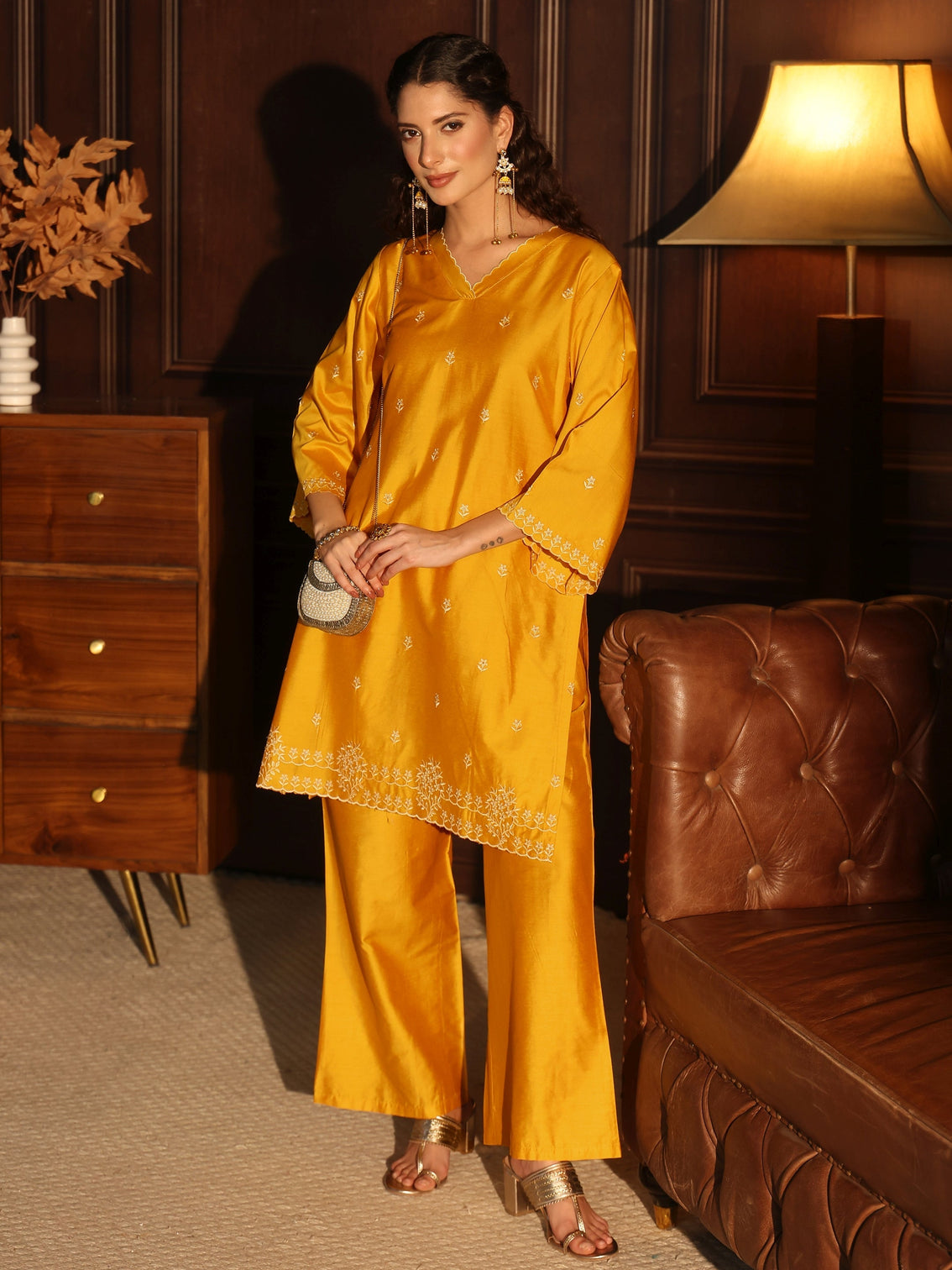 Mameraa Mustard Floral Embroidered Silk Blend Co-Ord Set