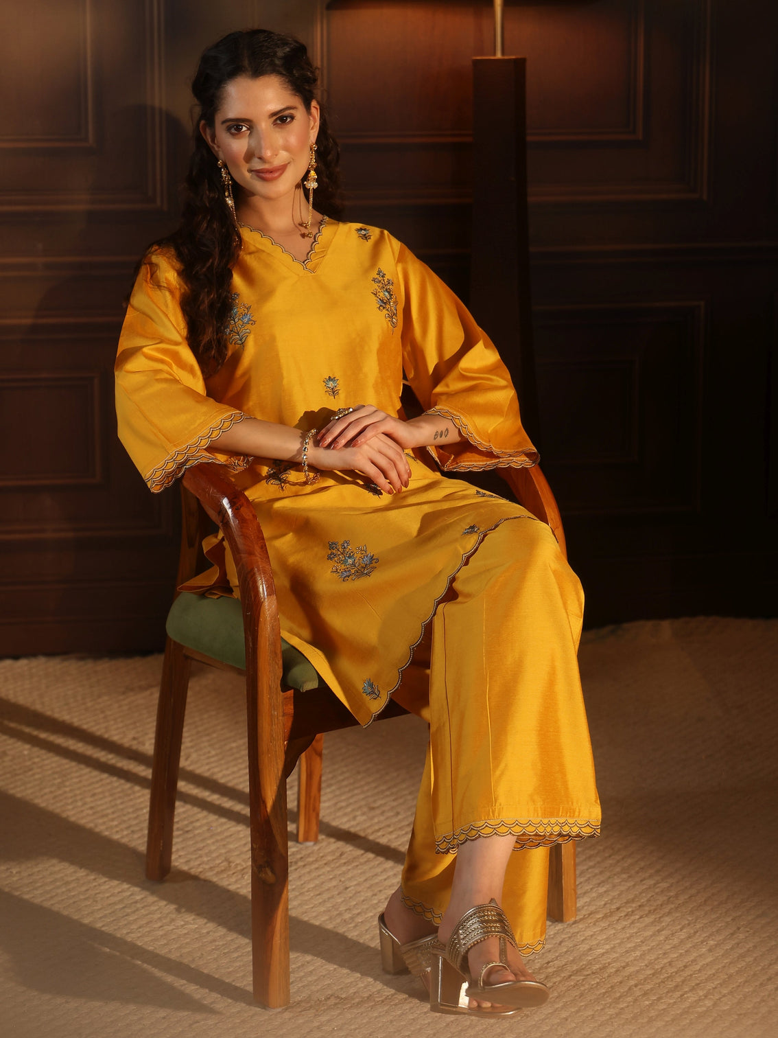 Mameraa Mustard Floral Embroidered Silk Blend Co-Ord Set