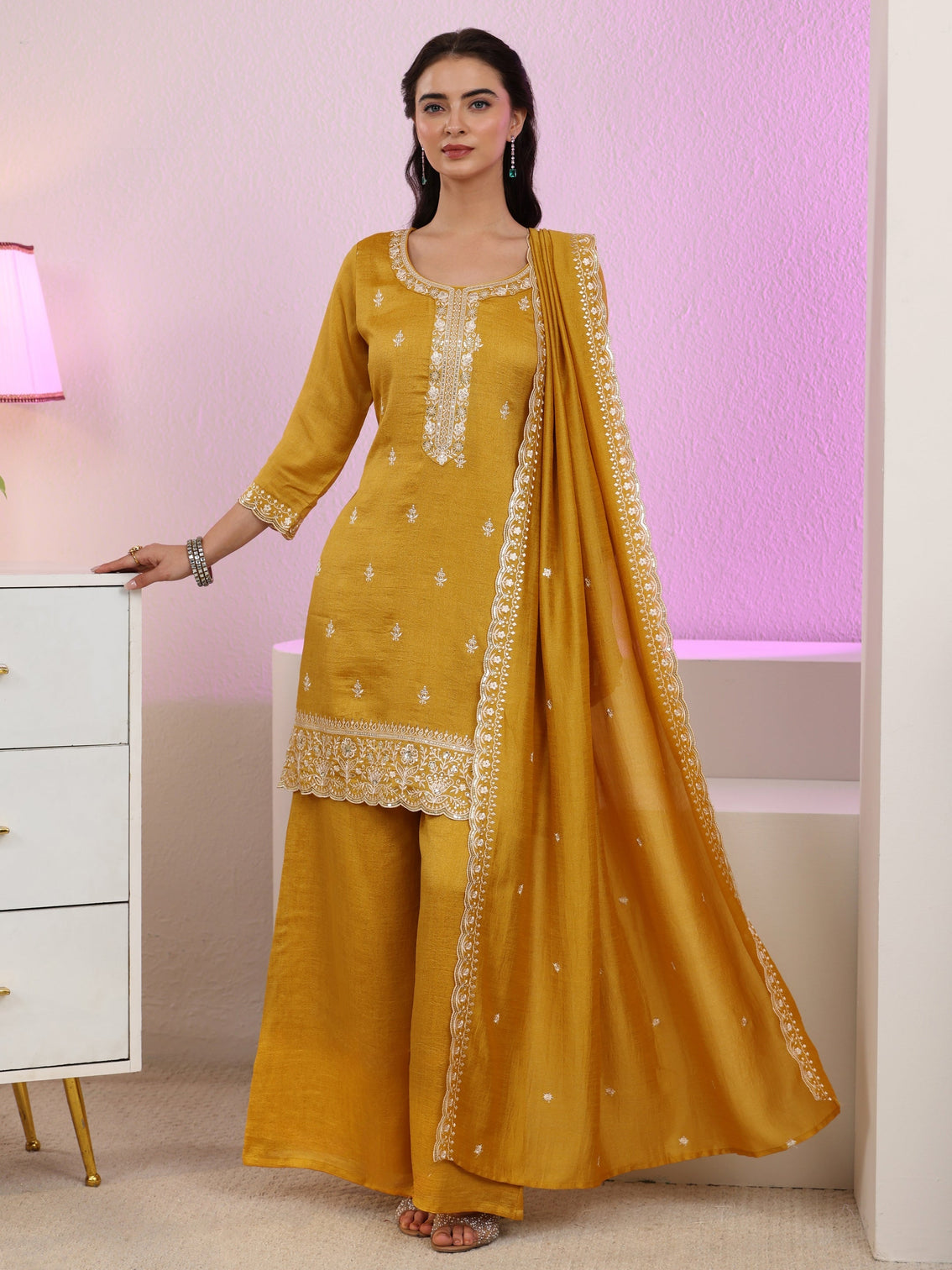 Mameraa Mustard Floral Embroidered Silk Blend Palazzo Suit Set