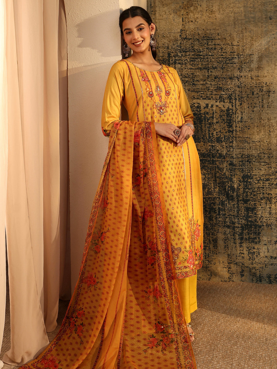 Mameraa Mustard Floral Embroidered Silk Blend Straight Suit Set