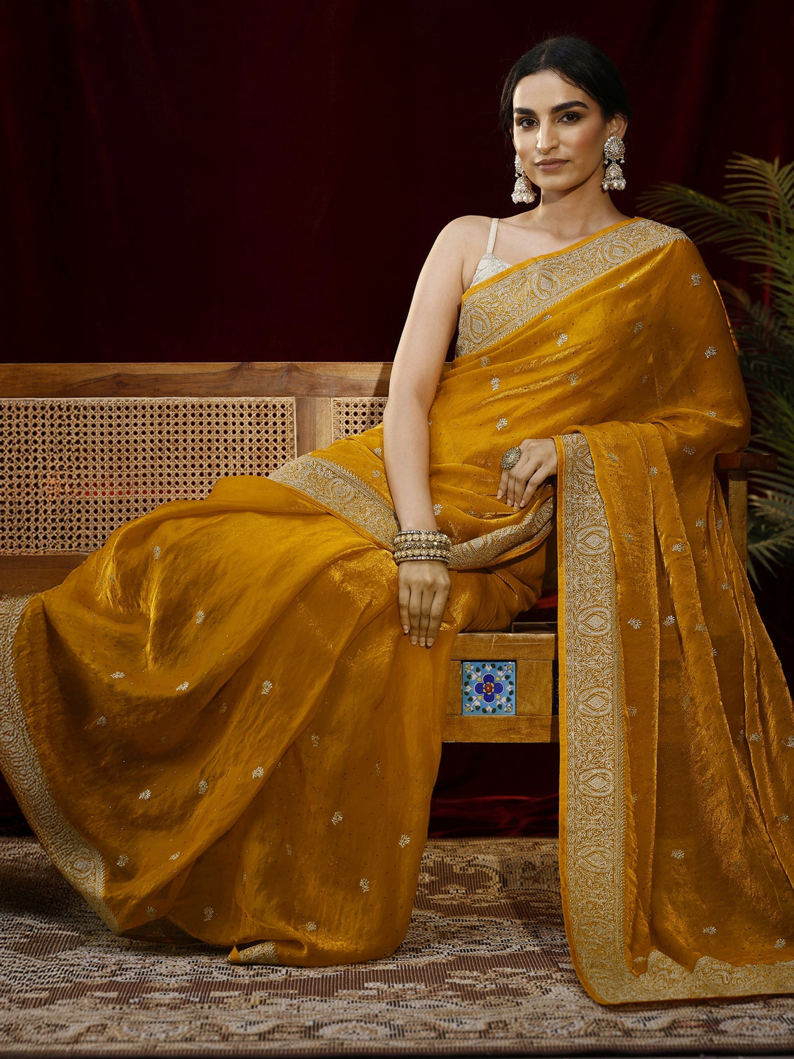 Mameraa Mustard Floral Embroidered Tissue Saree