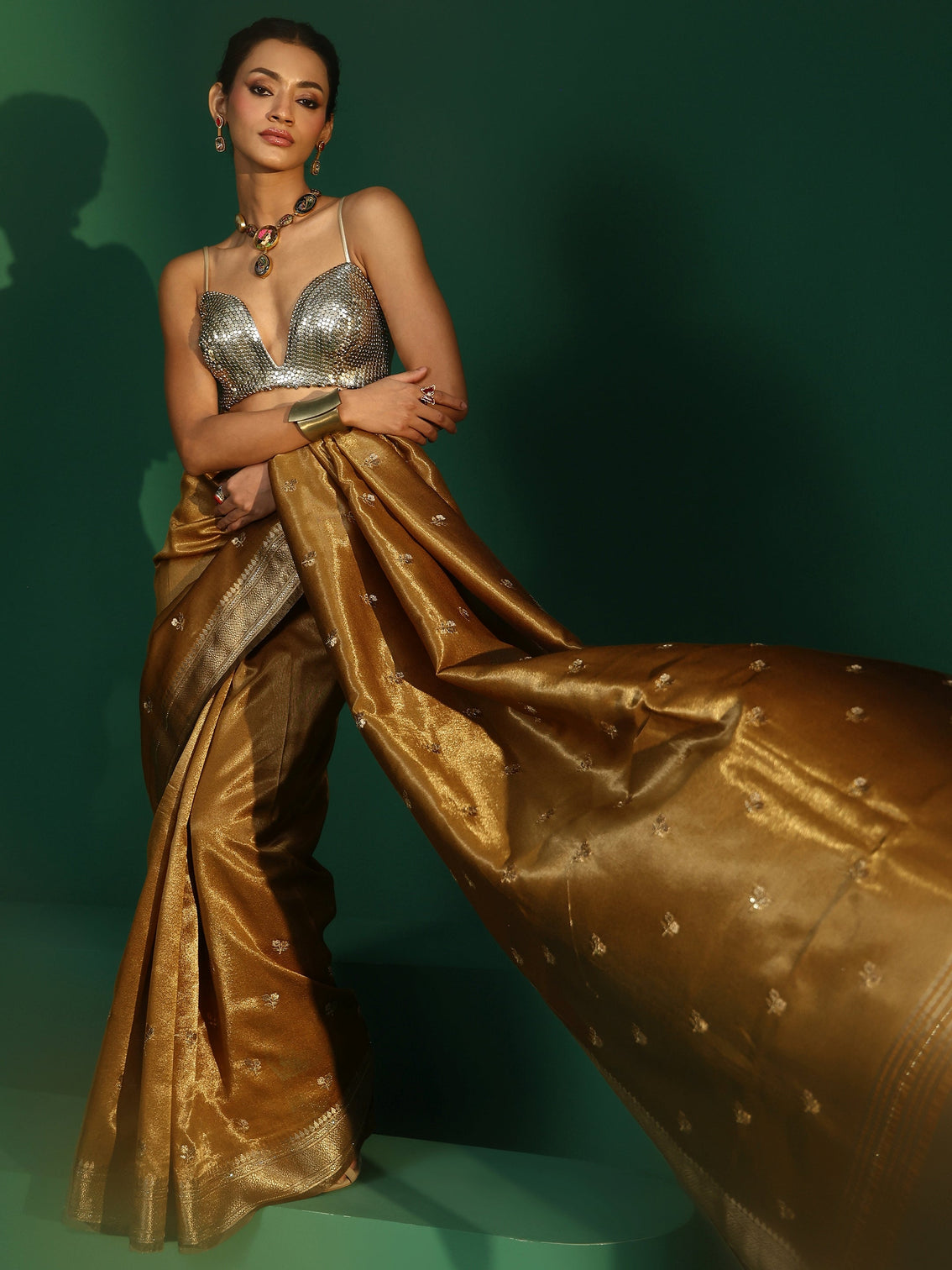 Mameraa Mustard Floral Embroidered Tissue Saree