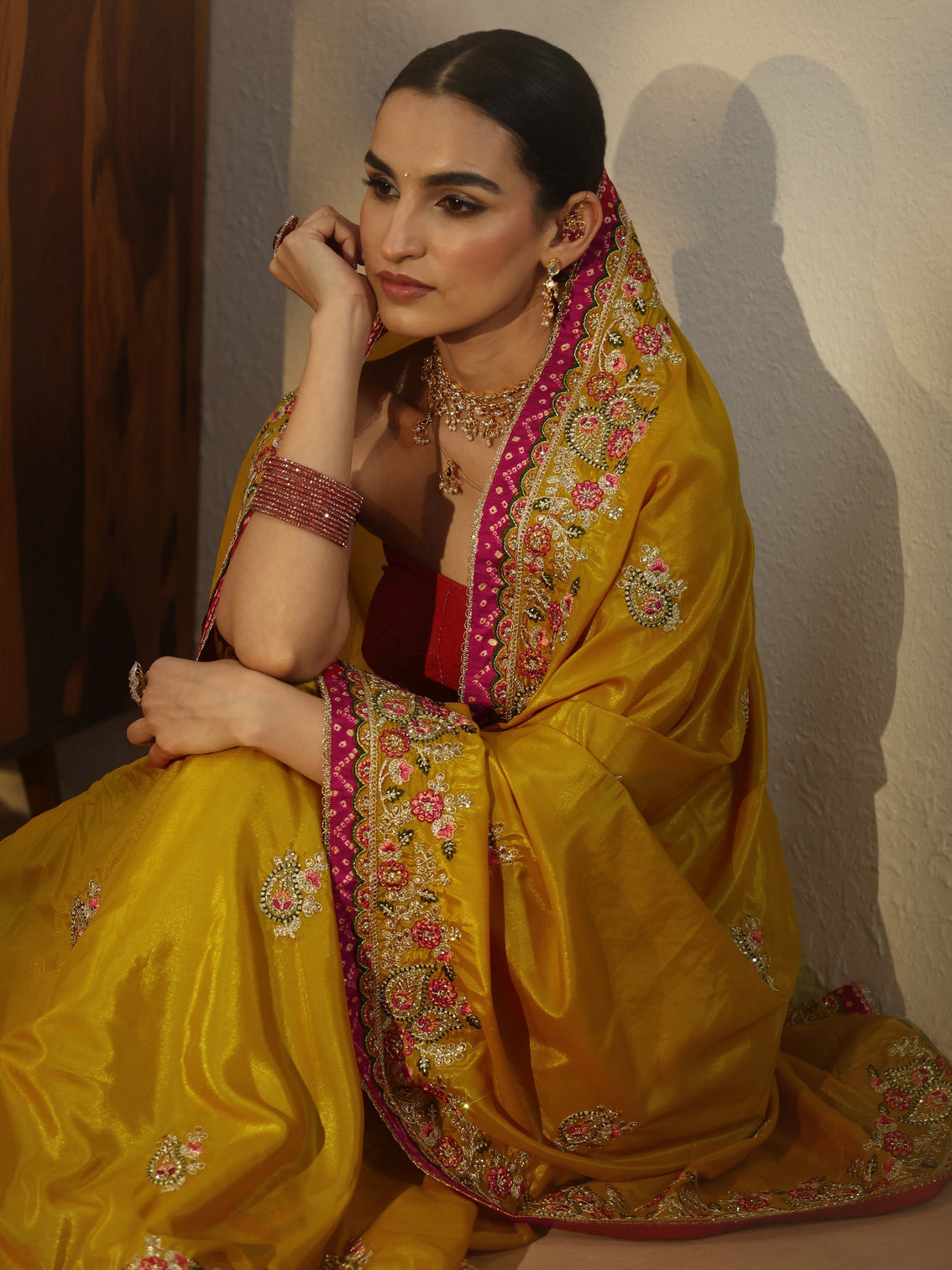 Mameraa Mustard Floral Embroidered Tissue Saree