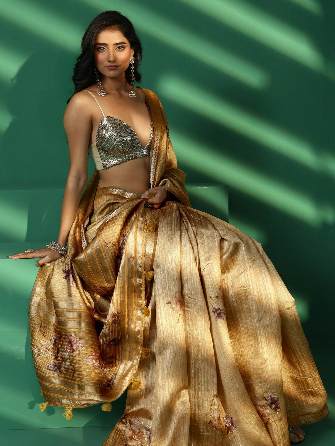 Mameraa Mustard Floral Print Silk Blend Saree