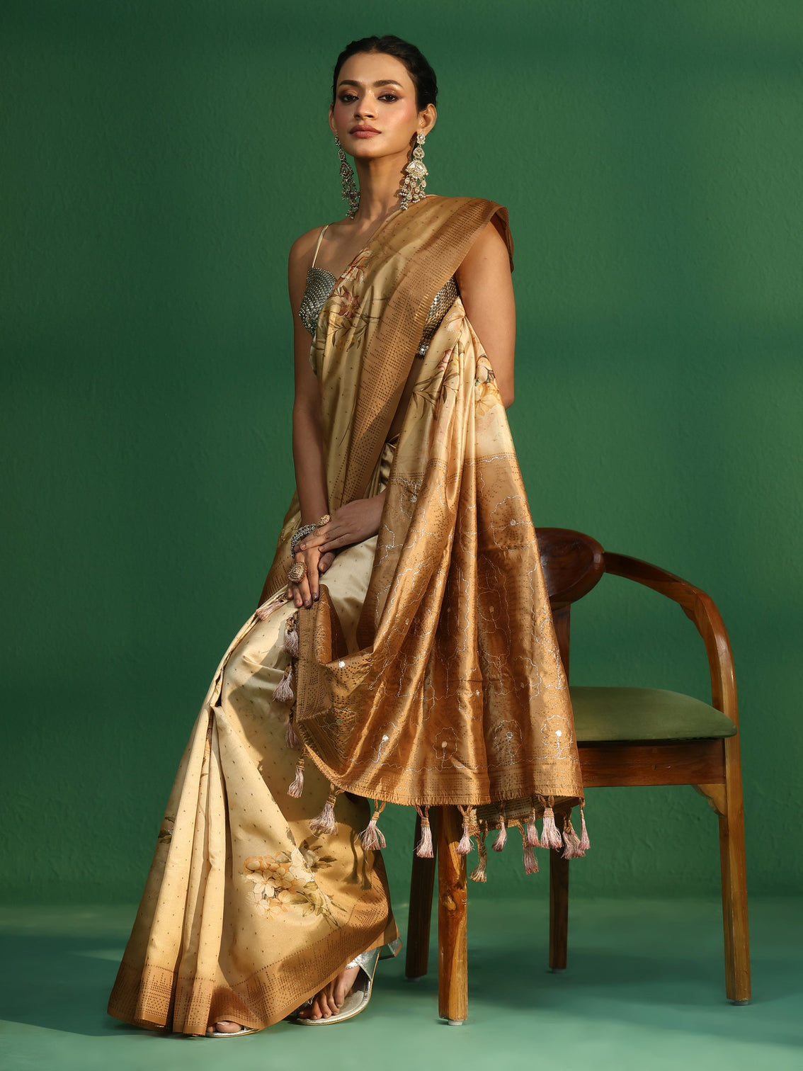 Mameraa Mustard Floral Print Silk Blend Saree with Embellished Border