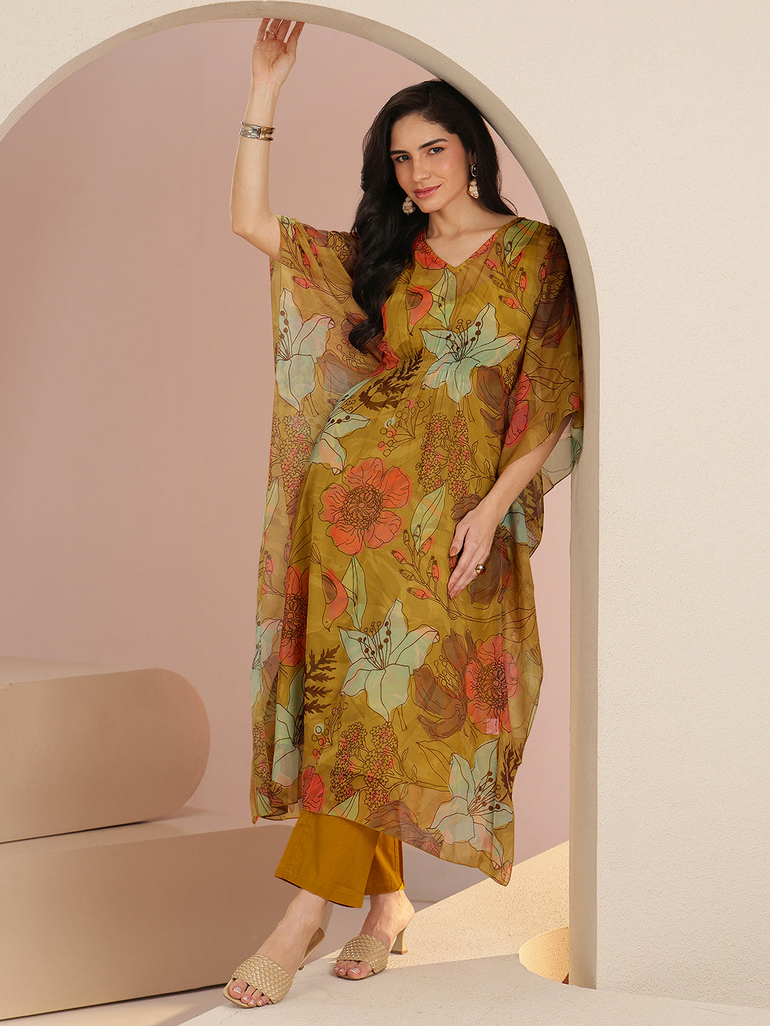 Mameraa Mustard Floral Printed 3 Piece Chiffon Kaftan Kurta Set