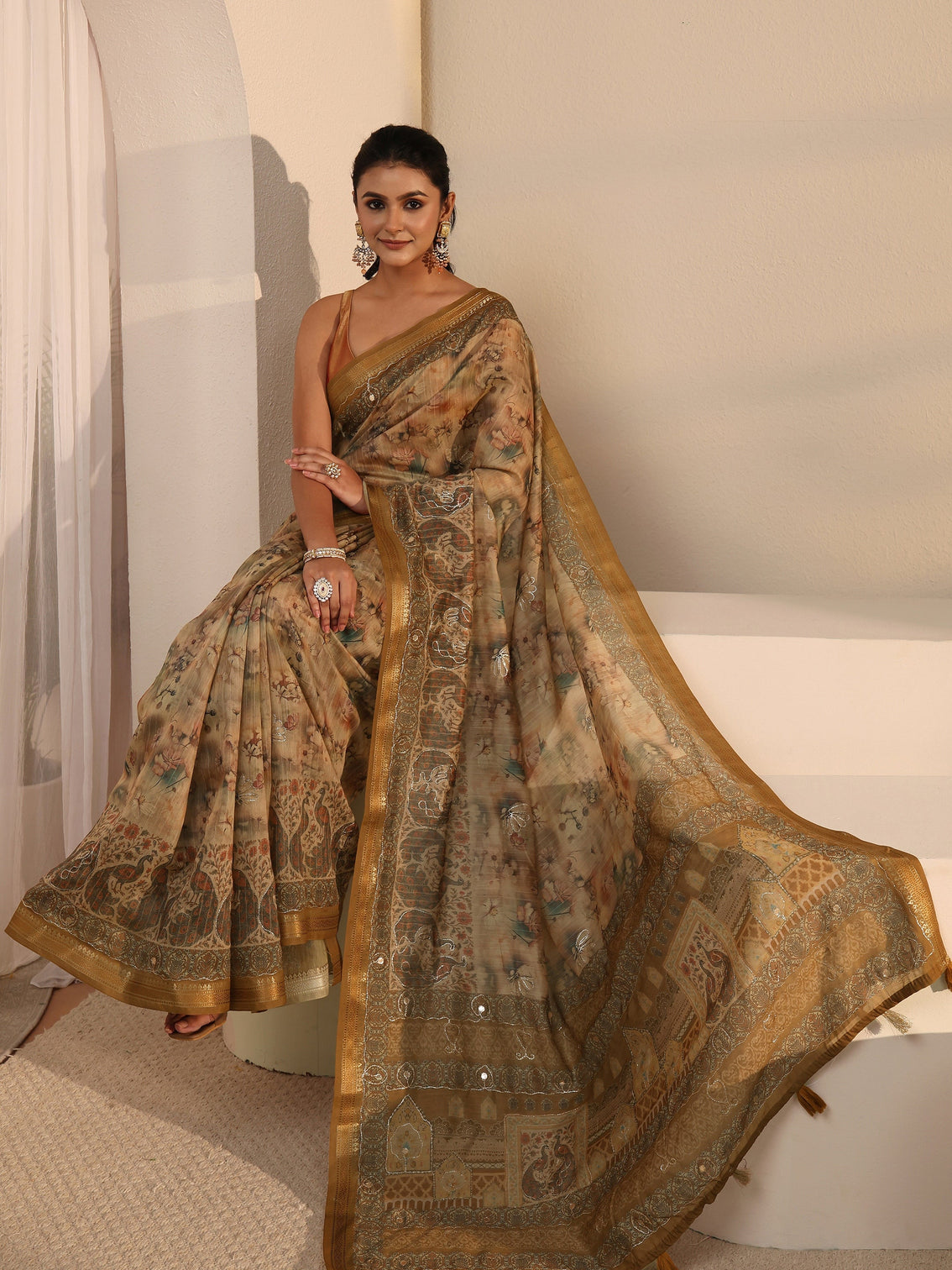 Mameraa Mustard Floral Printed Cotton Blend Saree