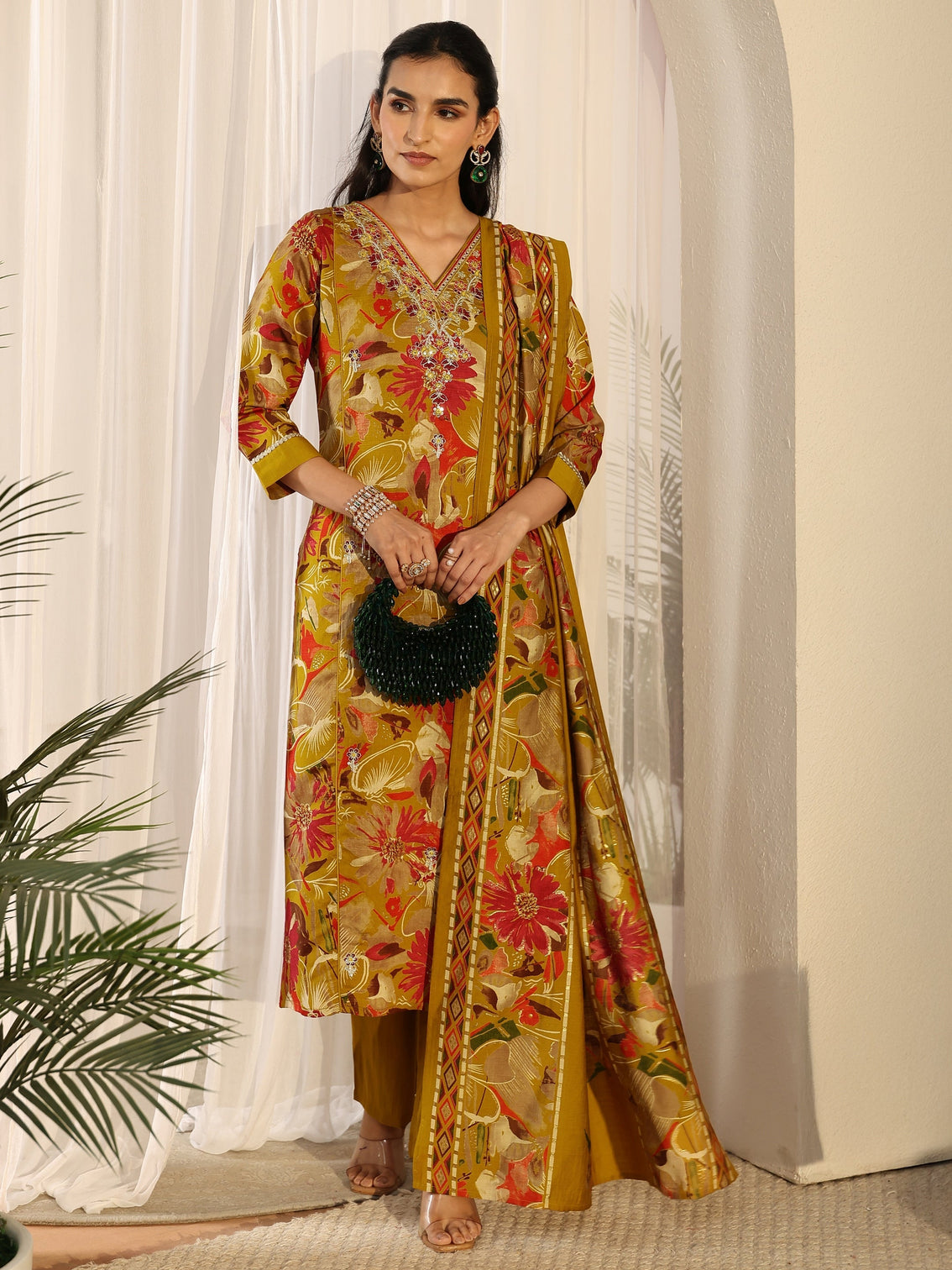 Mameraa Mustard Floral Printed Cotton Blend Straight Suit Set