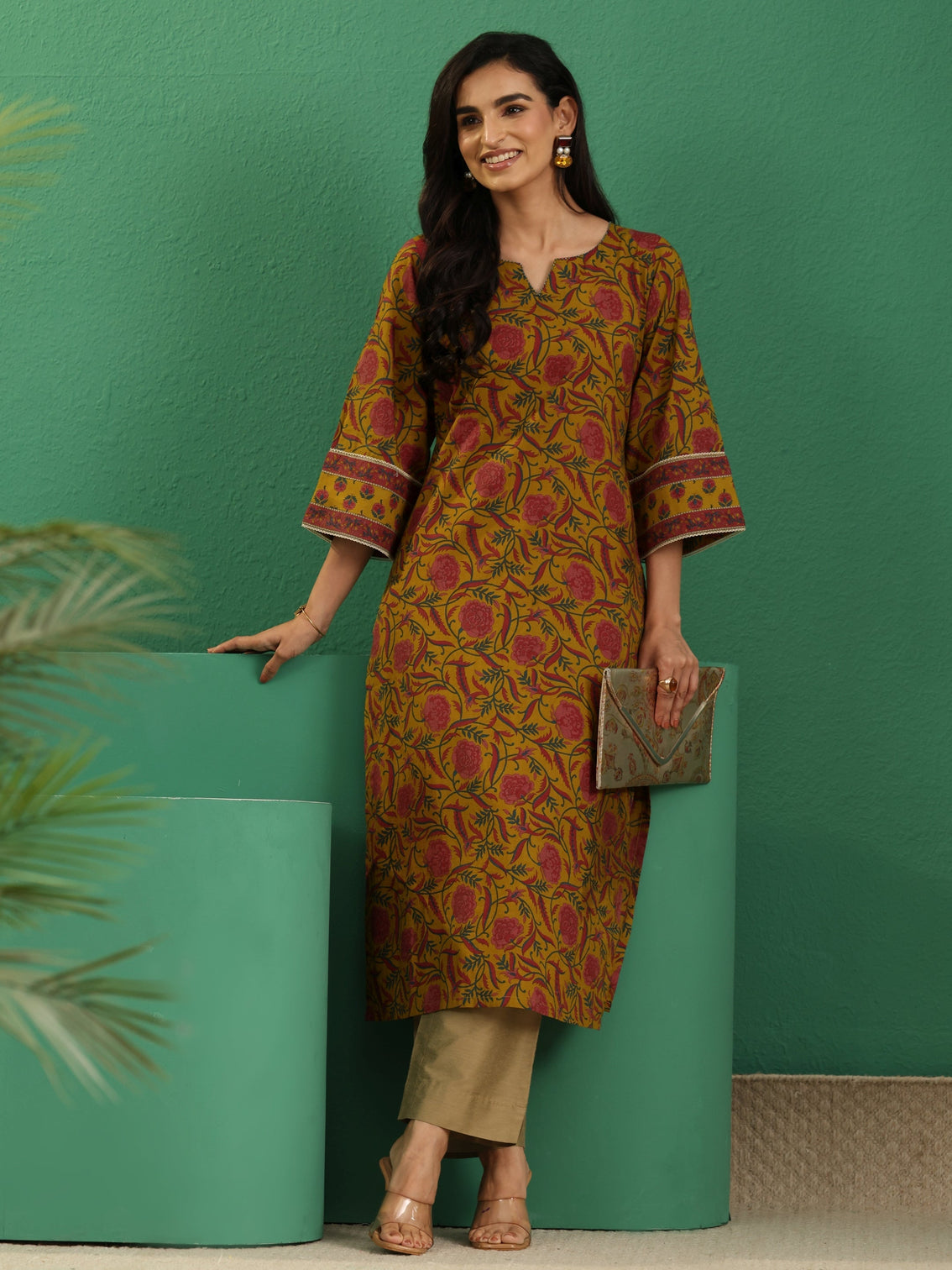 Mameraa Mustard Floral Printed Cotton Straight Kurta
