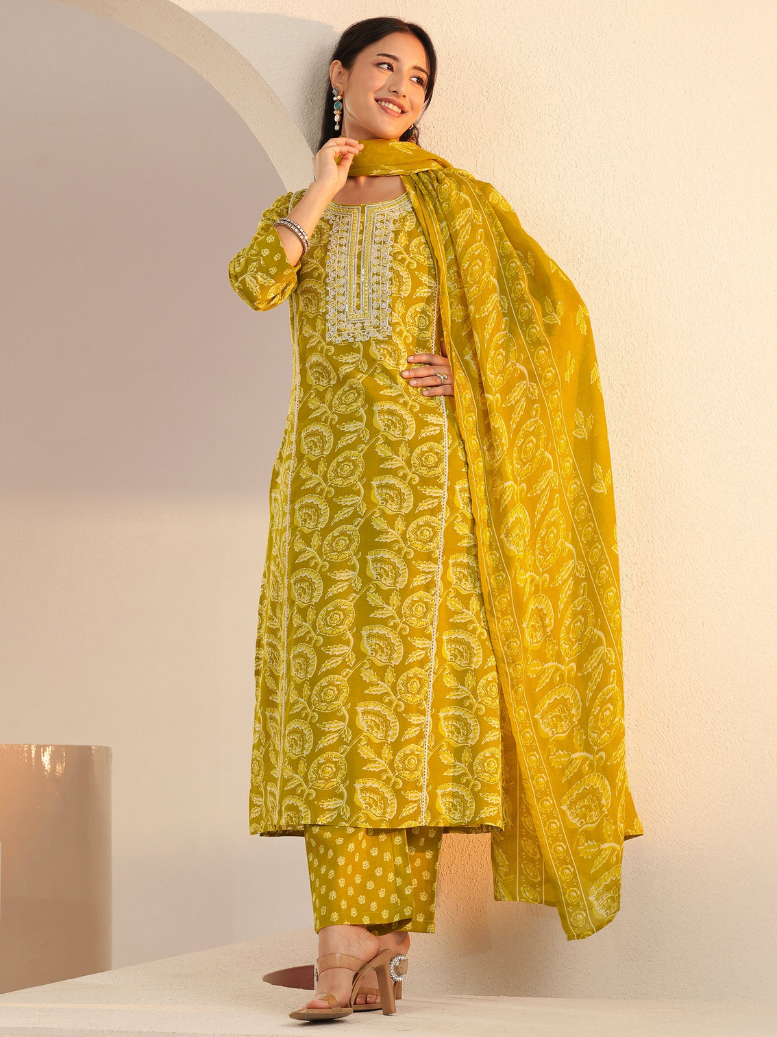 Mameraa Mustard Floral Printed Cotton Straight Suit Set