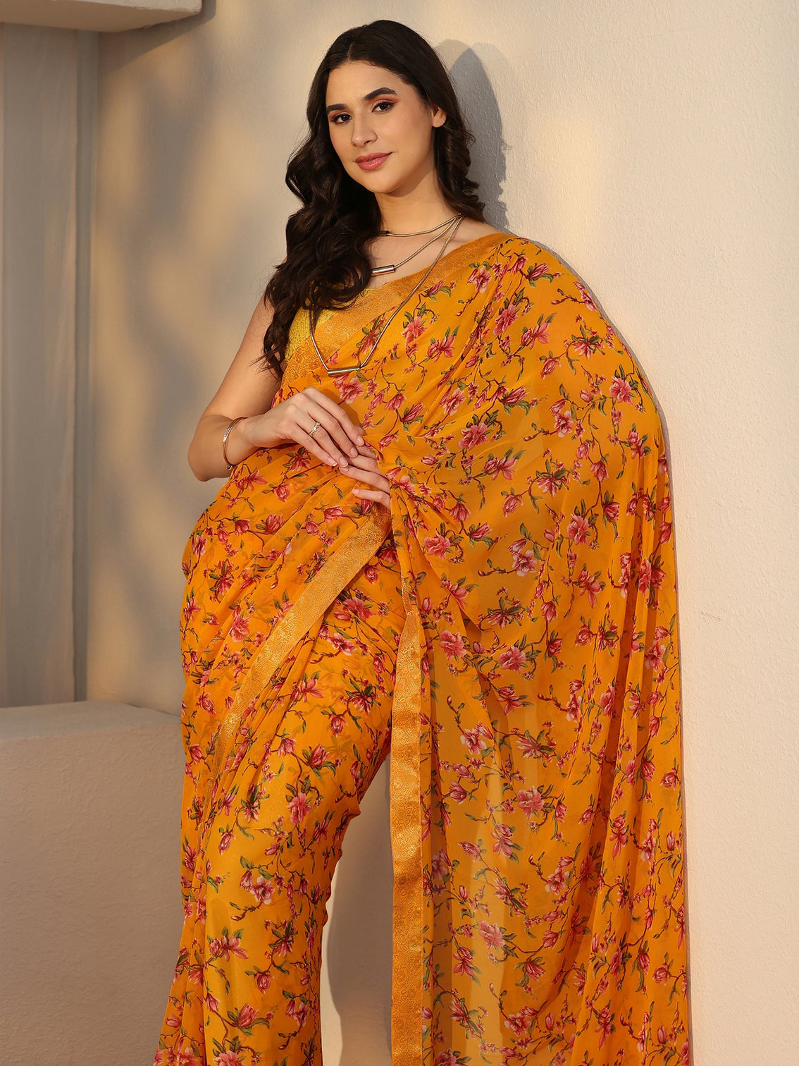 Mameraa Mustard Floral Printed Georgette Saree