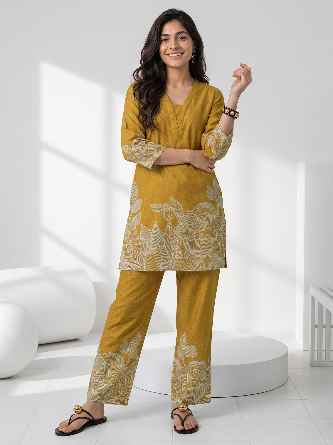 Mameraa Mustard Floral Printed Muslin Straight Kurta Set