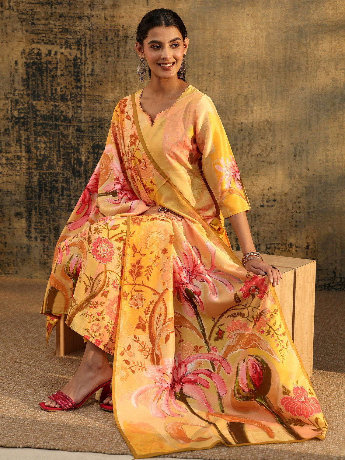 Mameraa Mustard Floral Printed Muslin Straight Suit Set