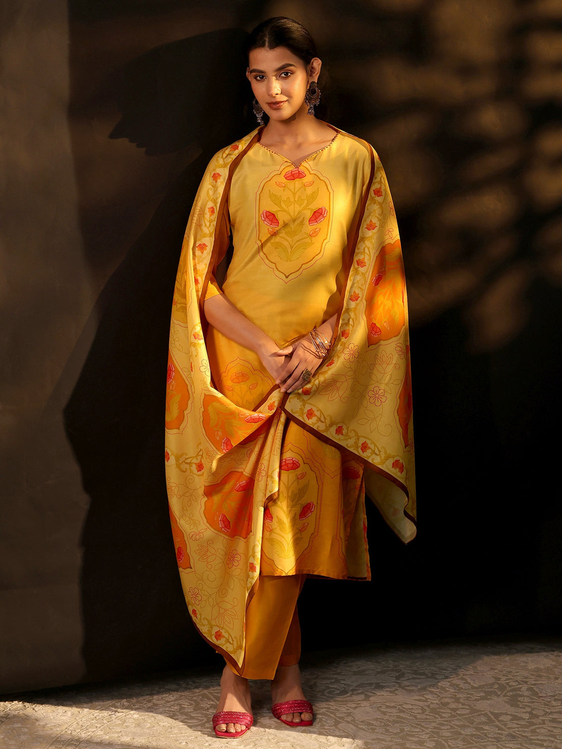 Mameraa Mustard Floral Printed Muslin Straight Suit Set