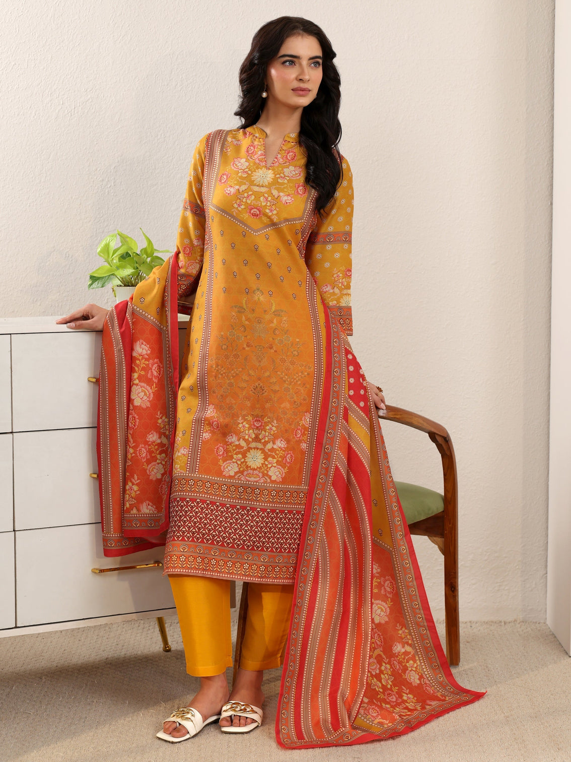Mameraa Mustard Floral Printed Muslin Straight Suit Set