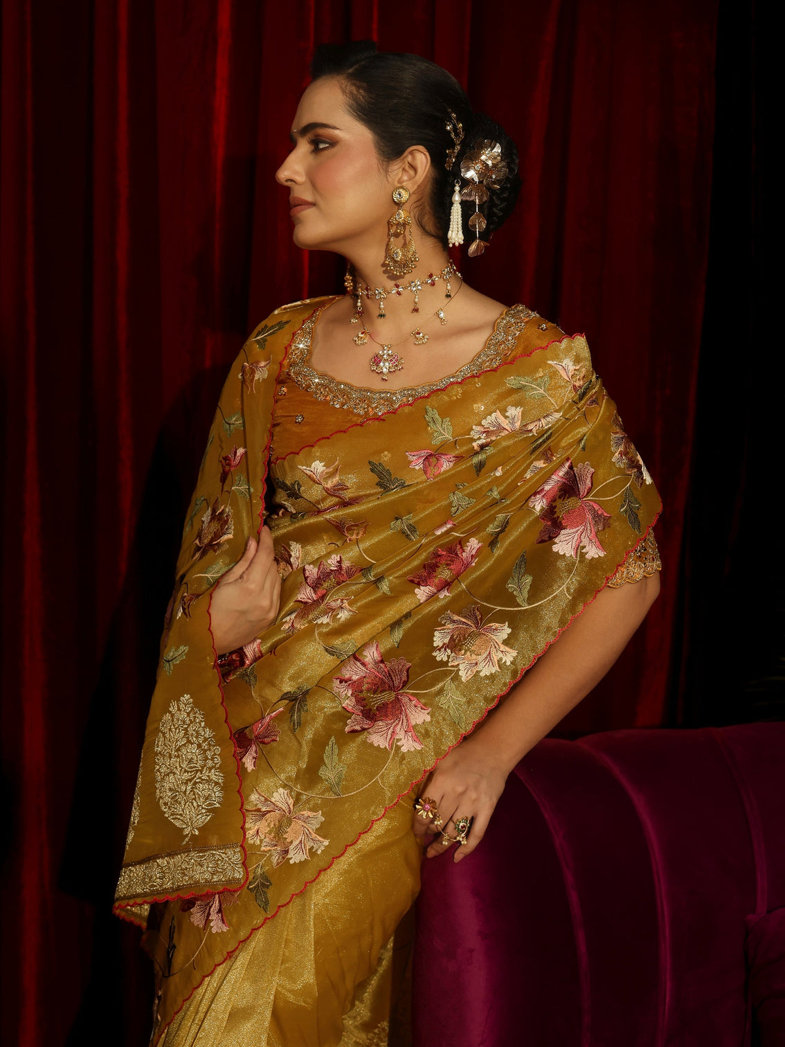 Mameraa Mustard Floral Printed Organza Saree