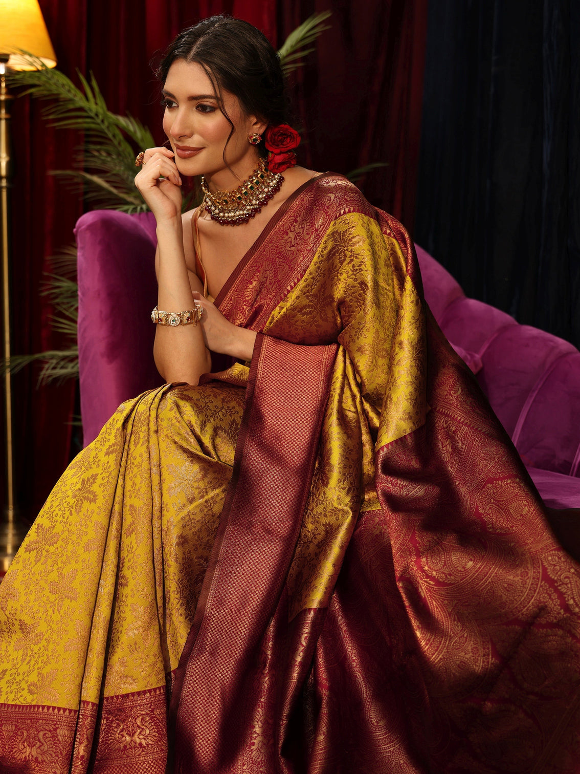 Mameraa Mustard Floral Woven Design Silk Blend Saree