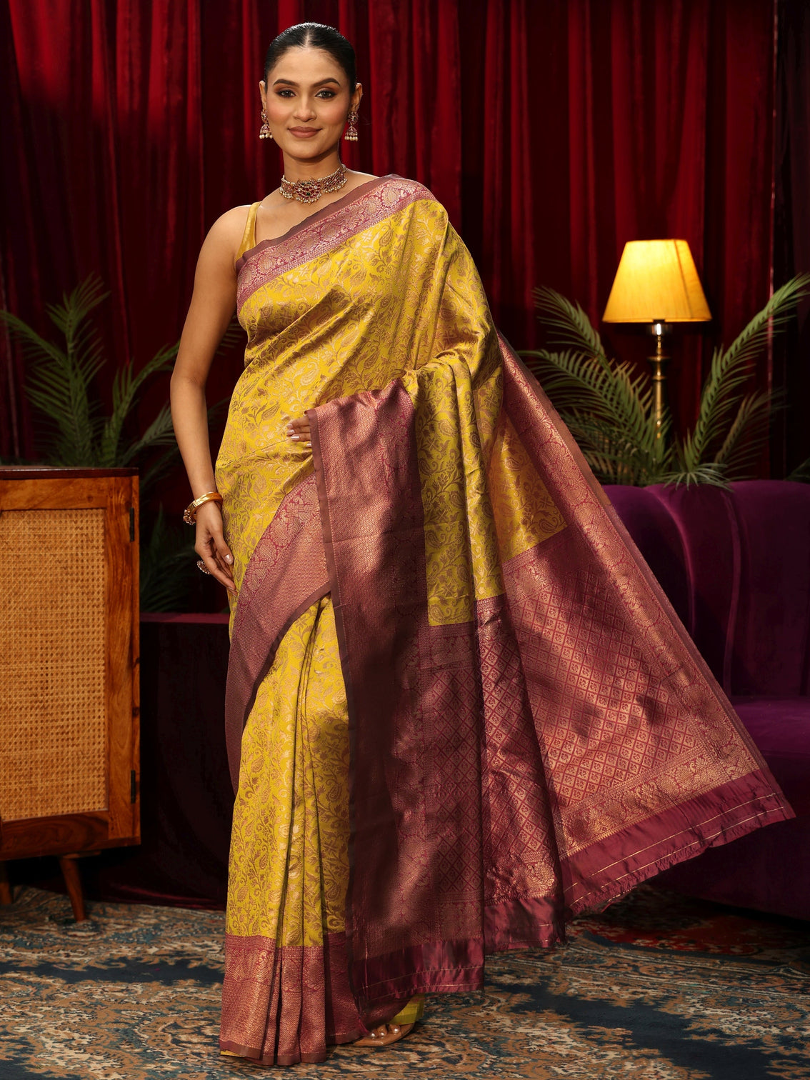 Mameraa Mustard Floral Woven Design Silk Blend Saree