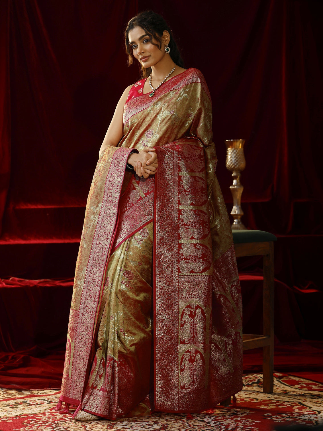 Mameraa Mustard Floral Woven Design Silk blend Saree with dupatta