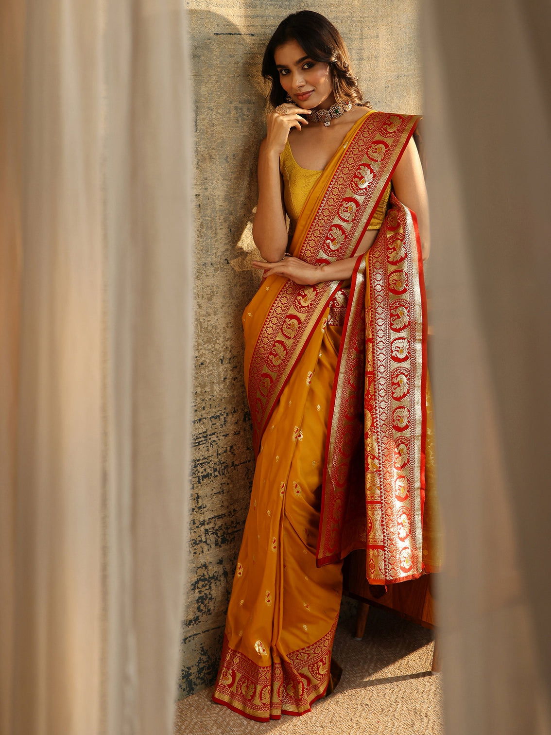 Mameraa Mustard Floral Woven Silk Blend Saree - Mameraa