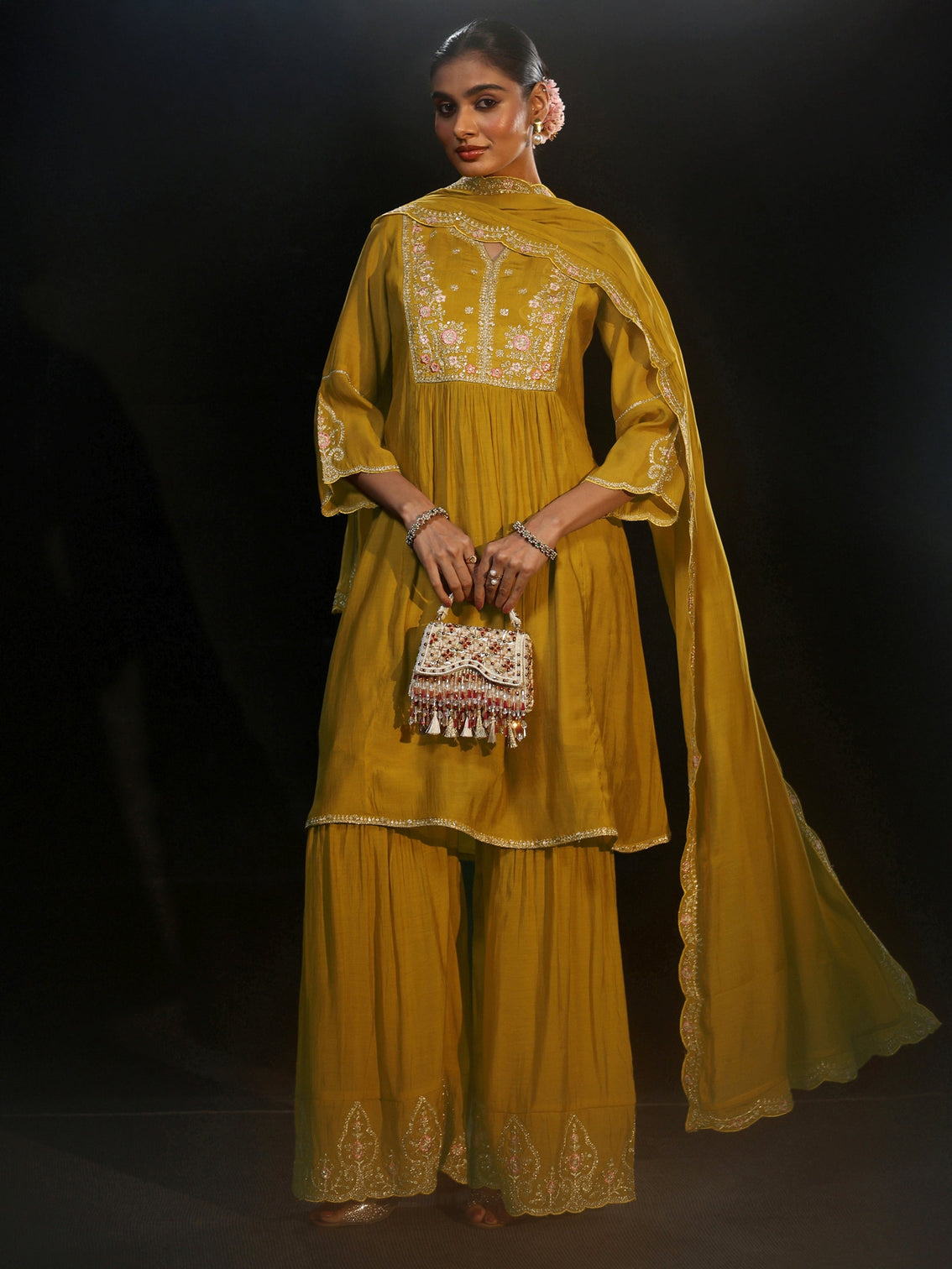 Mameraa Mustard Floral Yoke Chanderi Cotton Sharara Suit Set