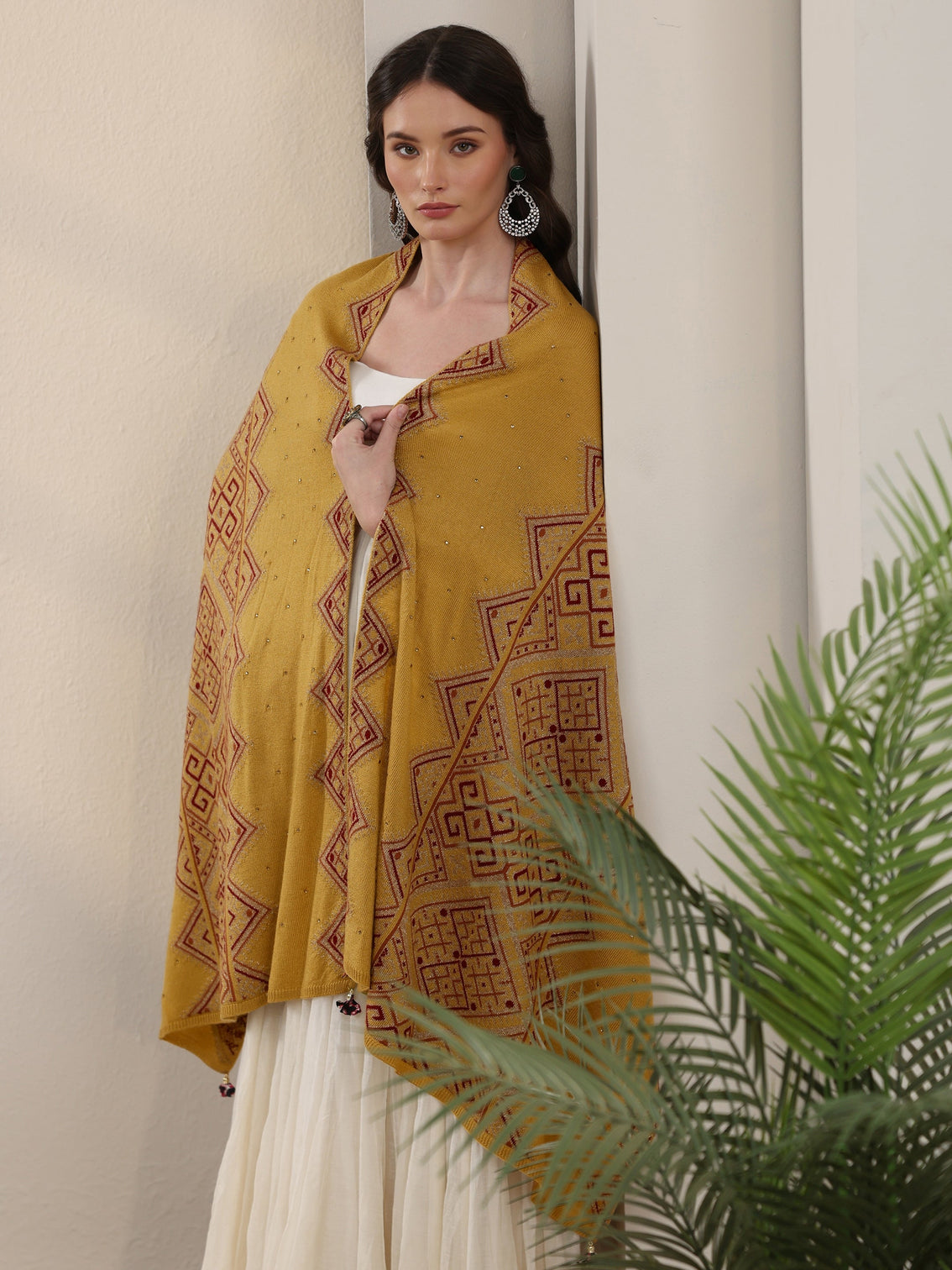Mameraa Mustard Geometric Knitted Acrylic Wrap Shawl