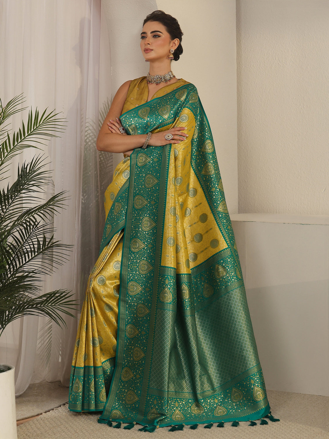 Mameraa Mustard Leaf Woven Design Brocade Saree