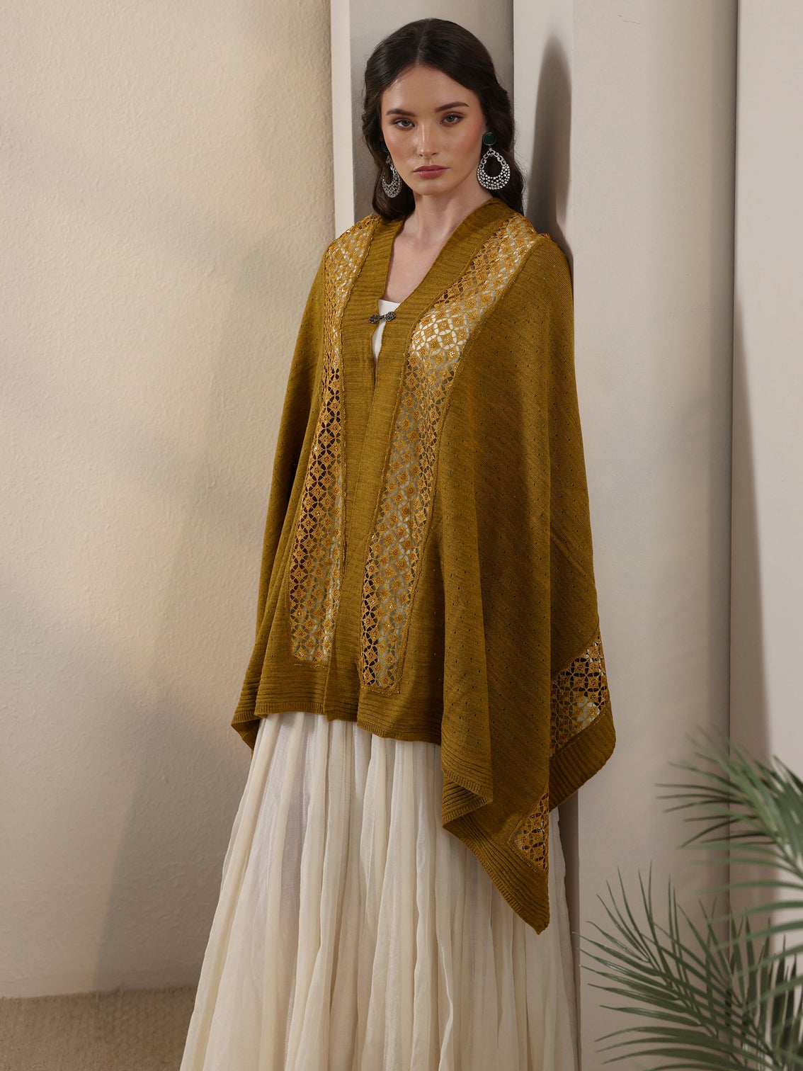 Mameraa Mustard Mesh Knitted Acrylic Wrap Shawl
