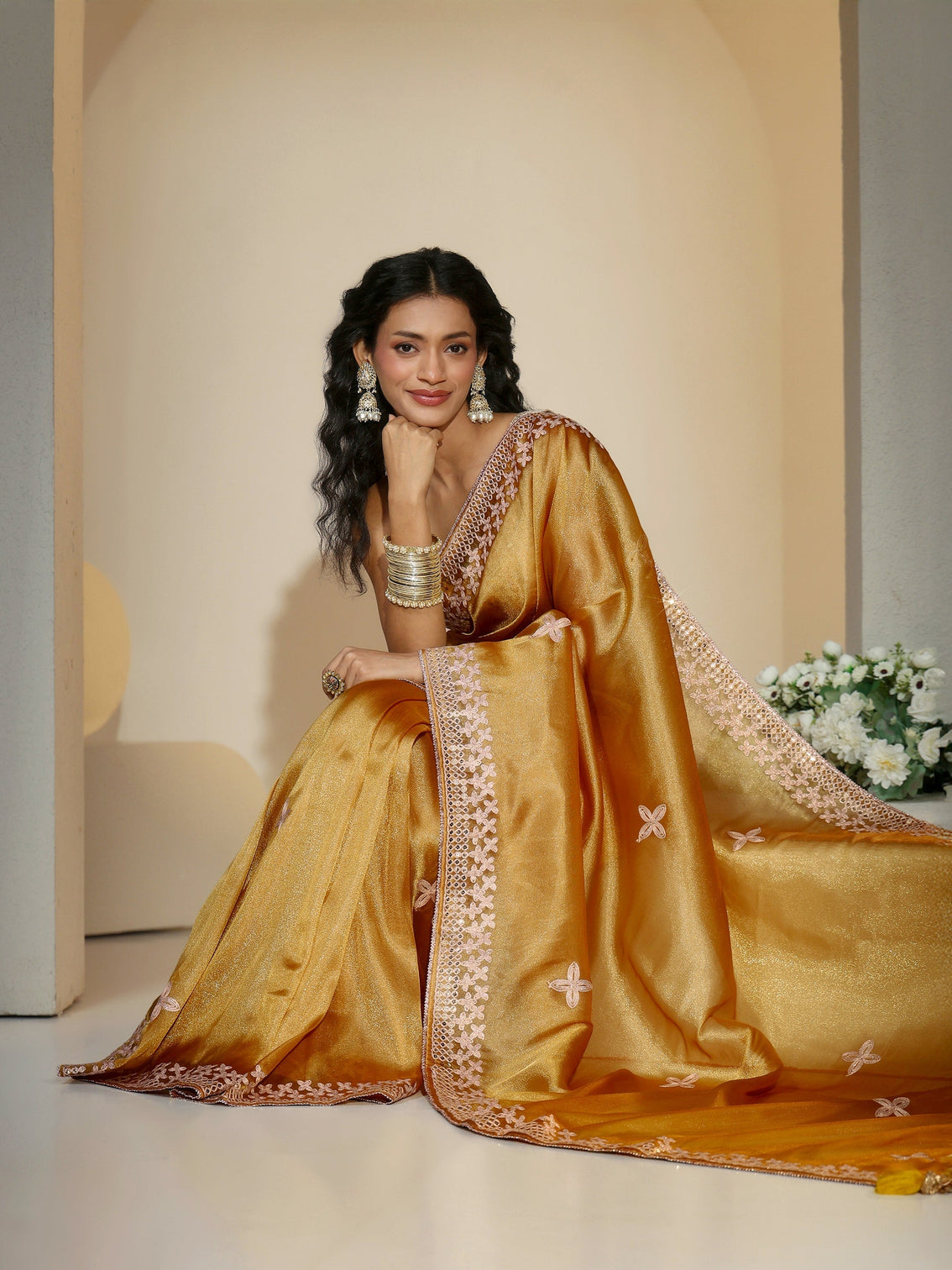 Mameraa Mustard Mirror Work Embellished Tissue Saree