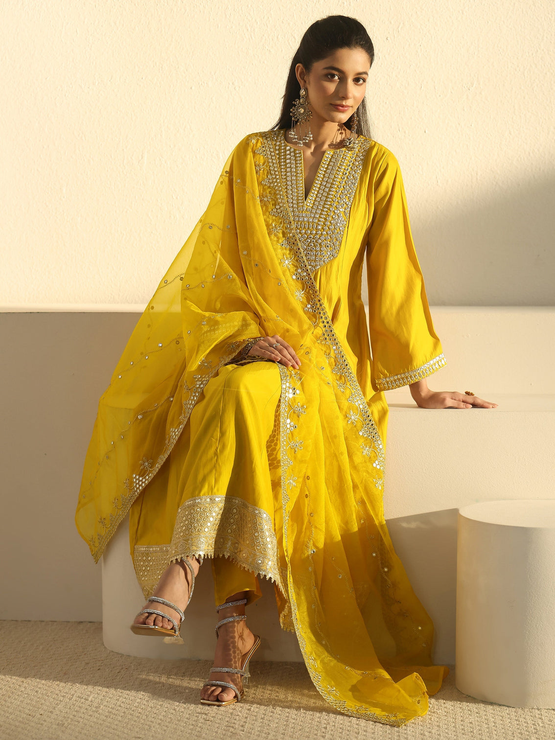 Mameraa Mustard Mirror Work Yoke Silk Blend Anarkali Suit Set