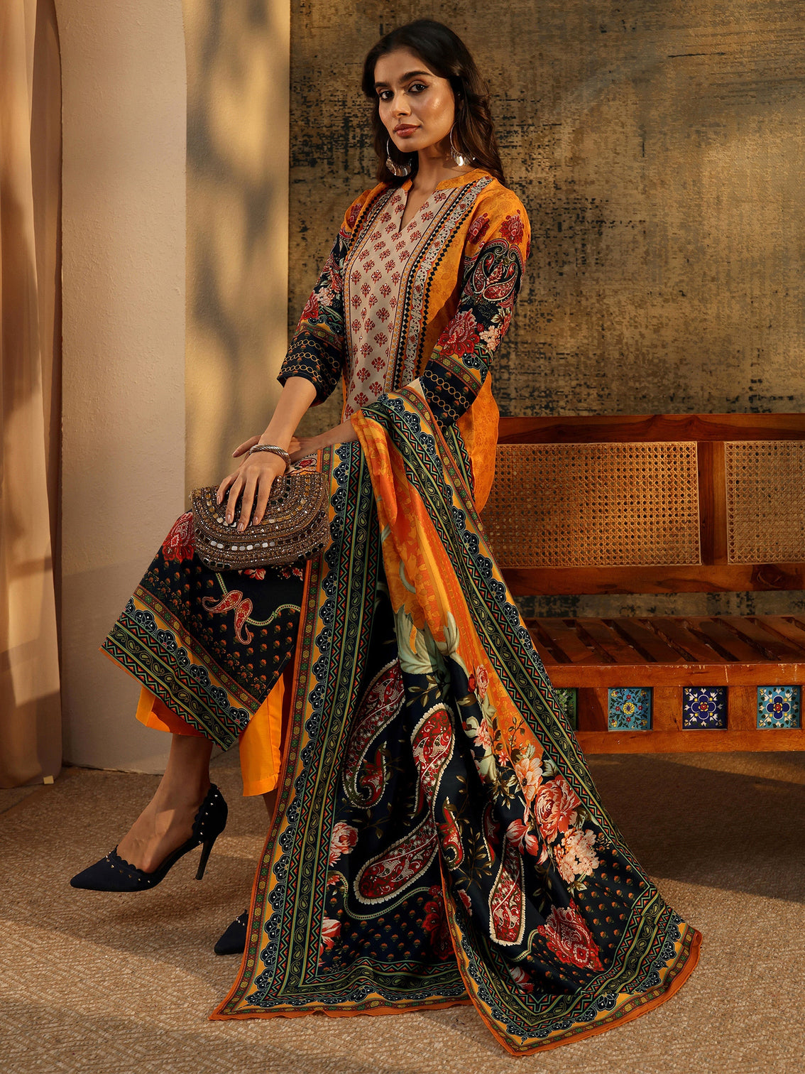 Mameraa Mustard Multi Print Straight Muslin Suit Set