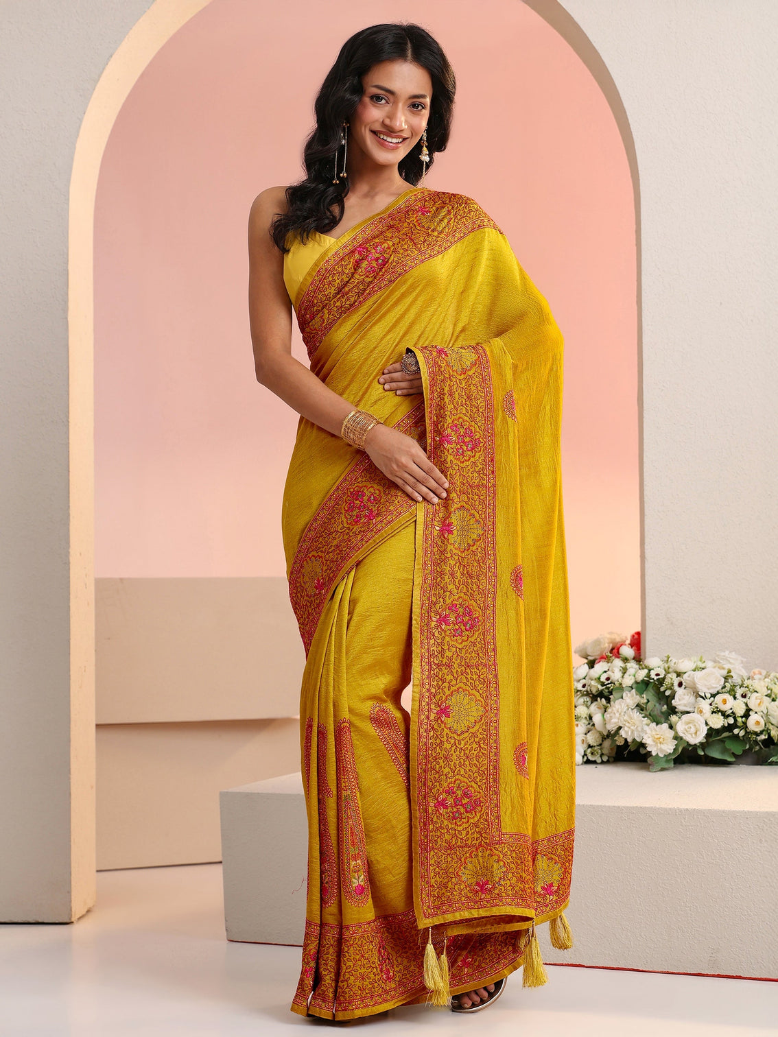 Mameraa Mustard Paisley Embroidered Silk Blend Saree