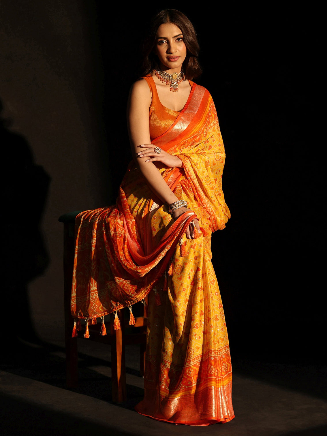 Mameraa Mustard Patola Printed Chanderi Silk Saree