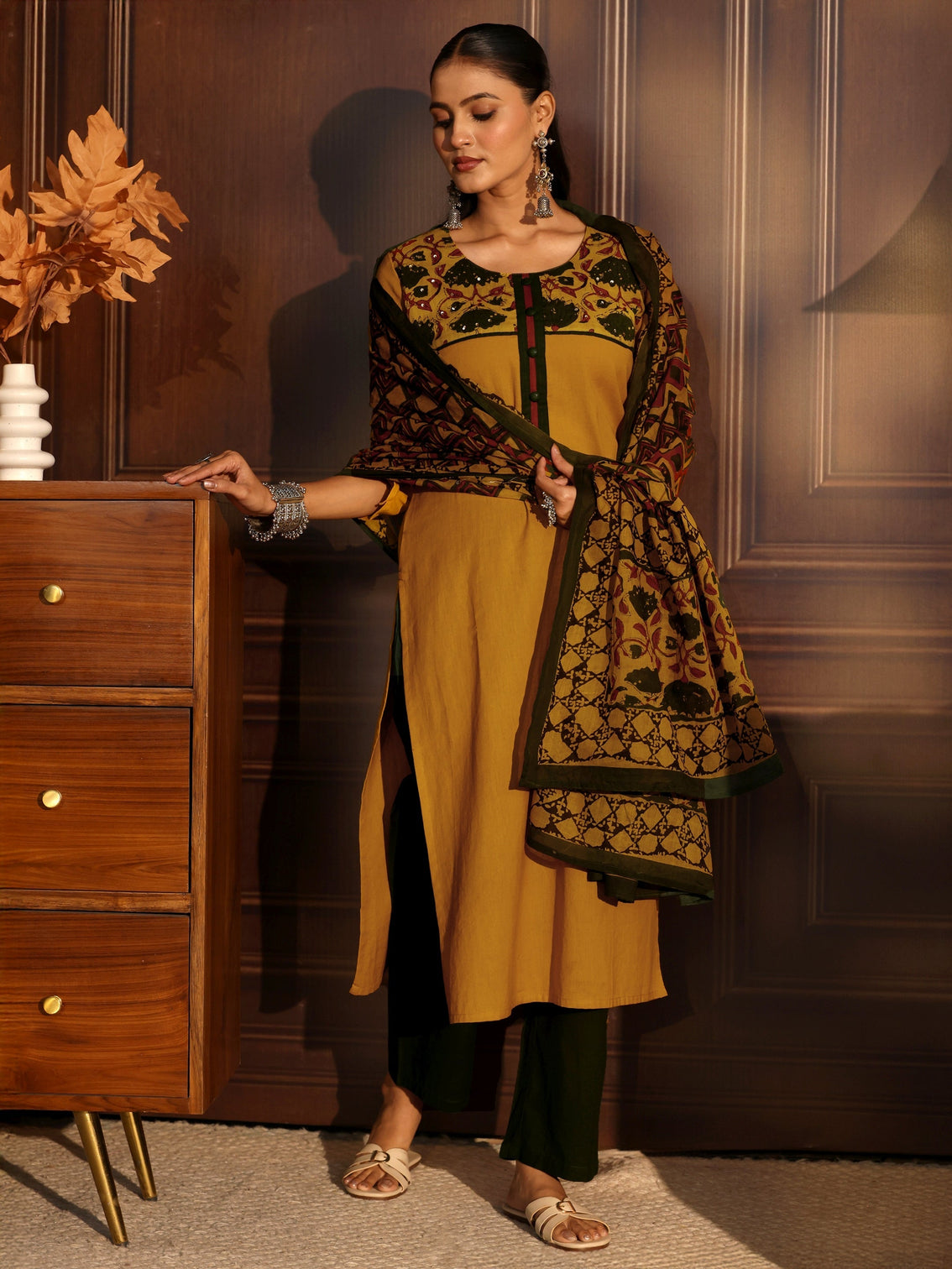 Mameraa Mustard Printed Cotton Blend Straight Suit Set