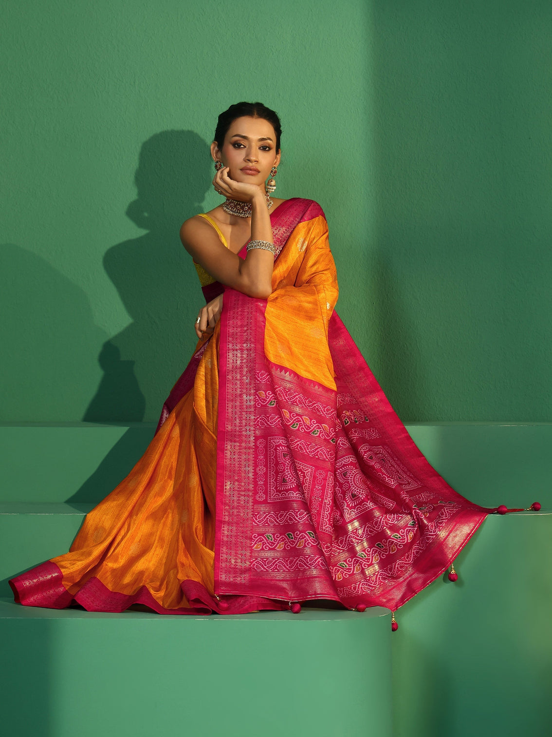 Mameraa Mustard Printed Silk Blend Saree