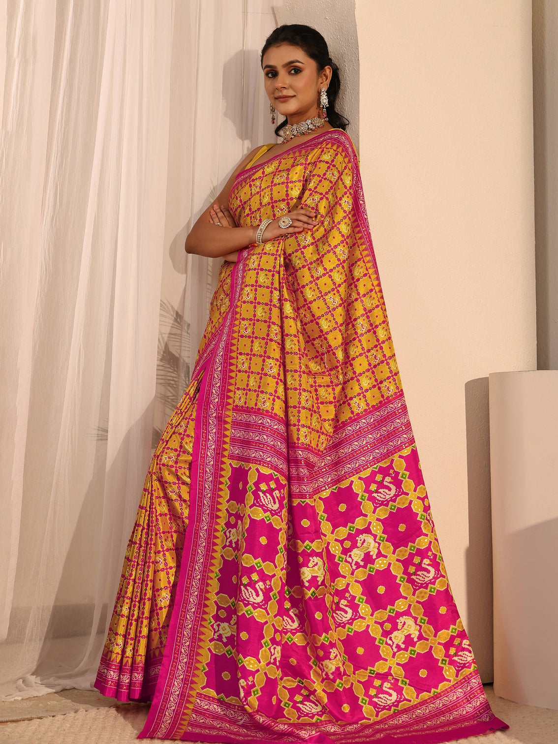Mameraa Mustard Printed Silk Blend Saree