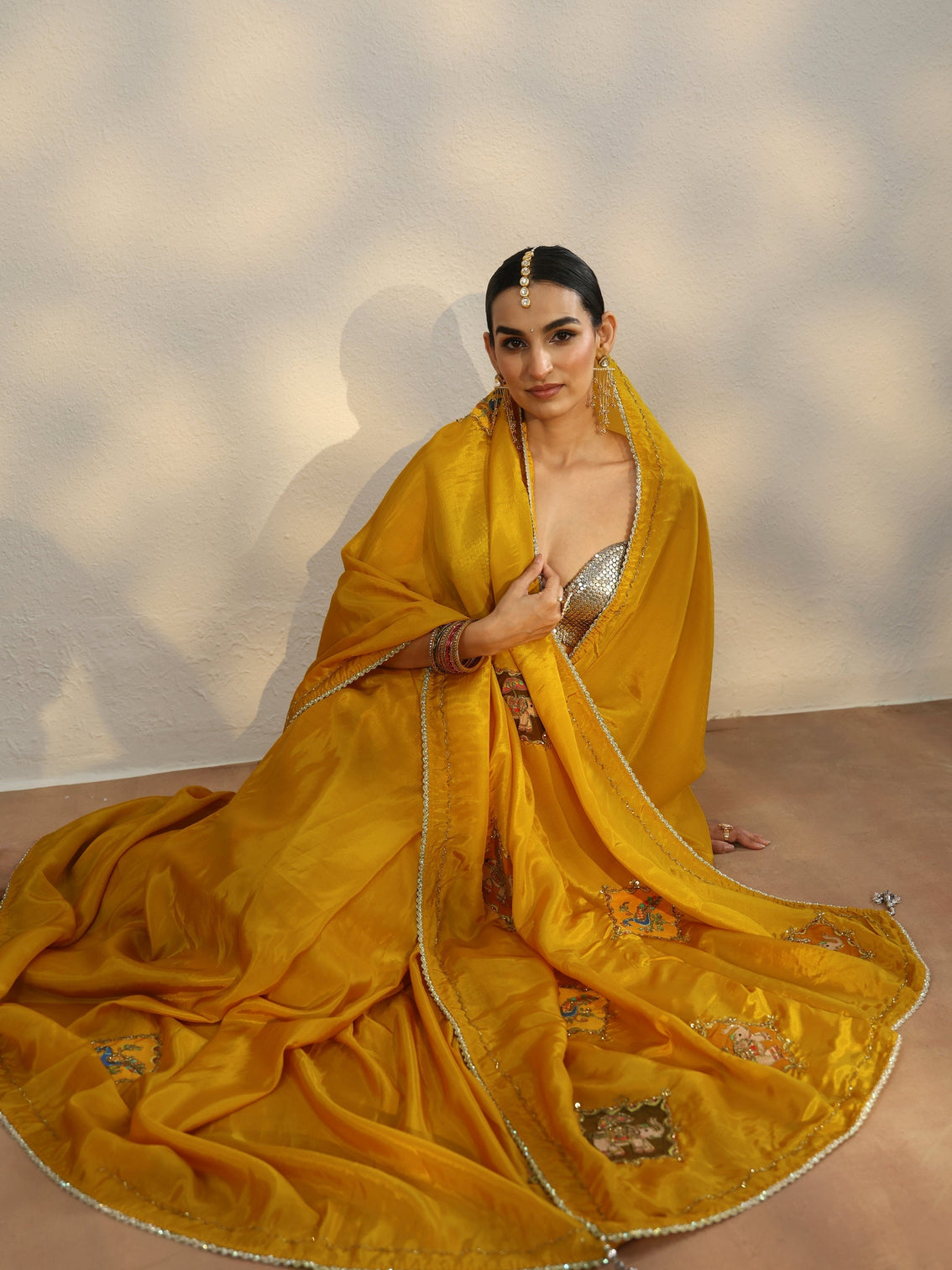 Mameraa Mustard Satin Saree with Applique Design