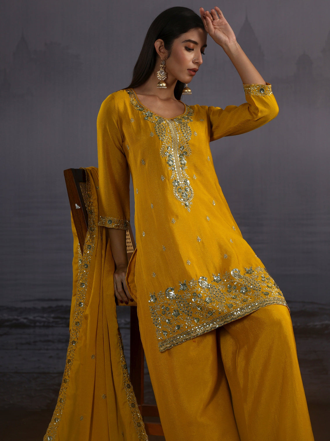 Mameraa Mustard Sequin Embellished Chinon Palazzo Suit Set