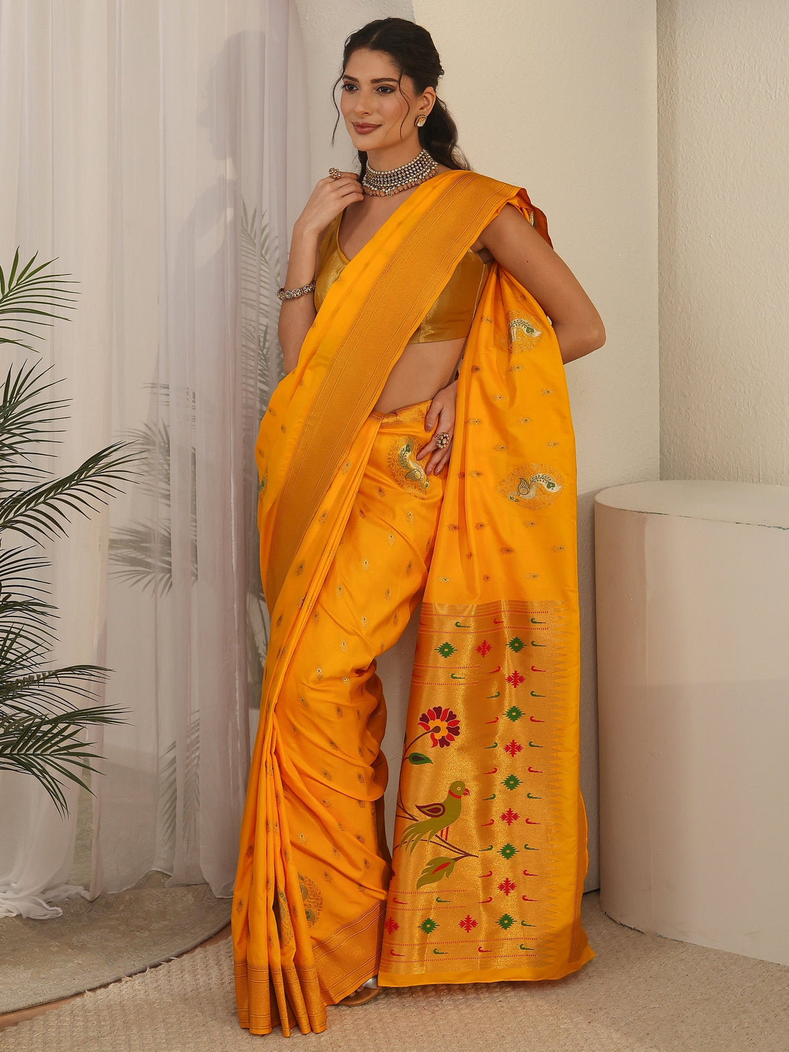 Mameraa Mustard Silk Blend Paithani Saree