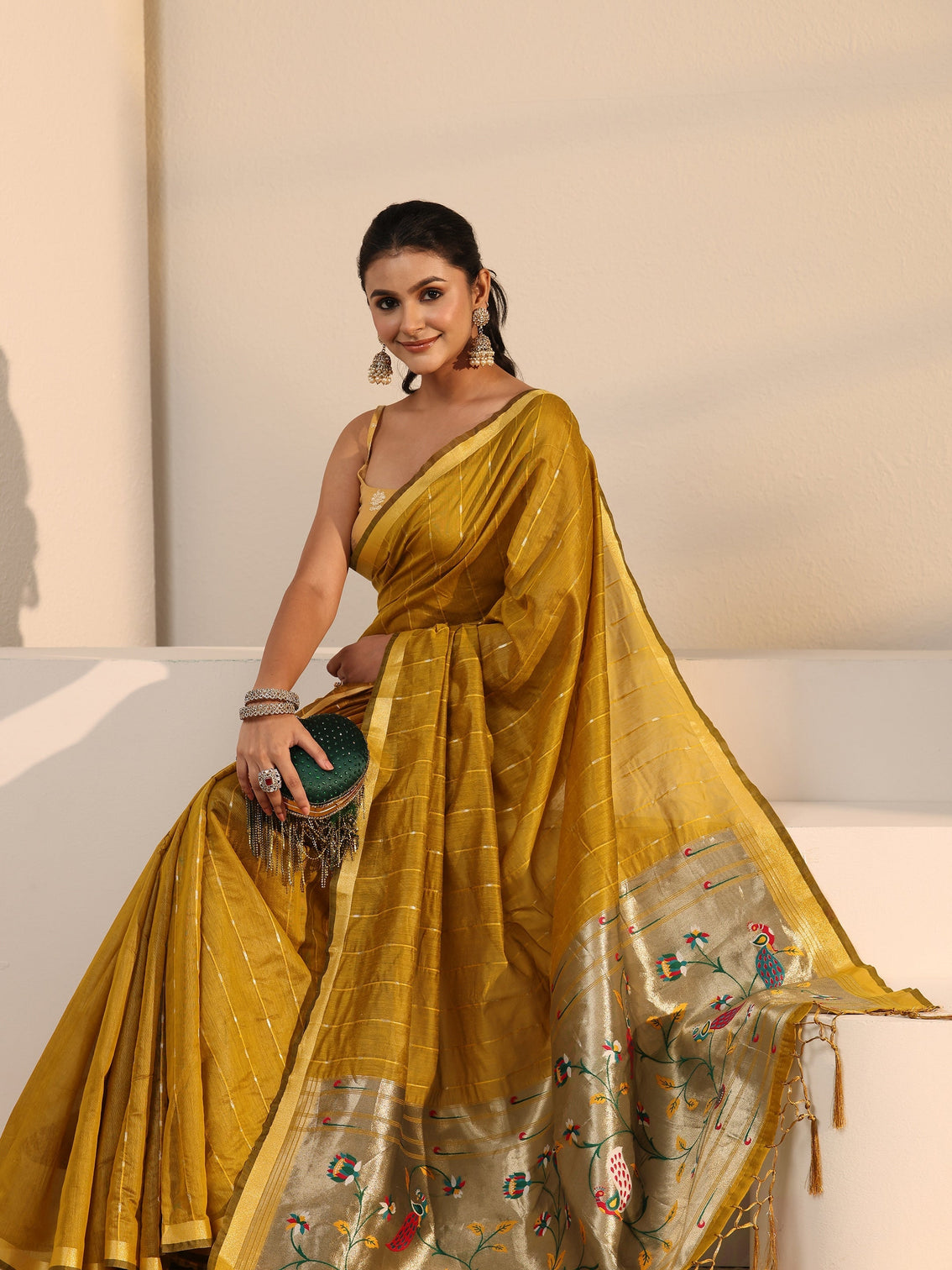 Mameraa Mustard Silk Blend Paithani Tassel Saree