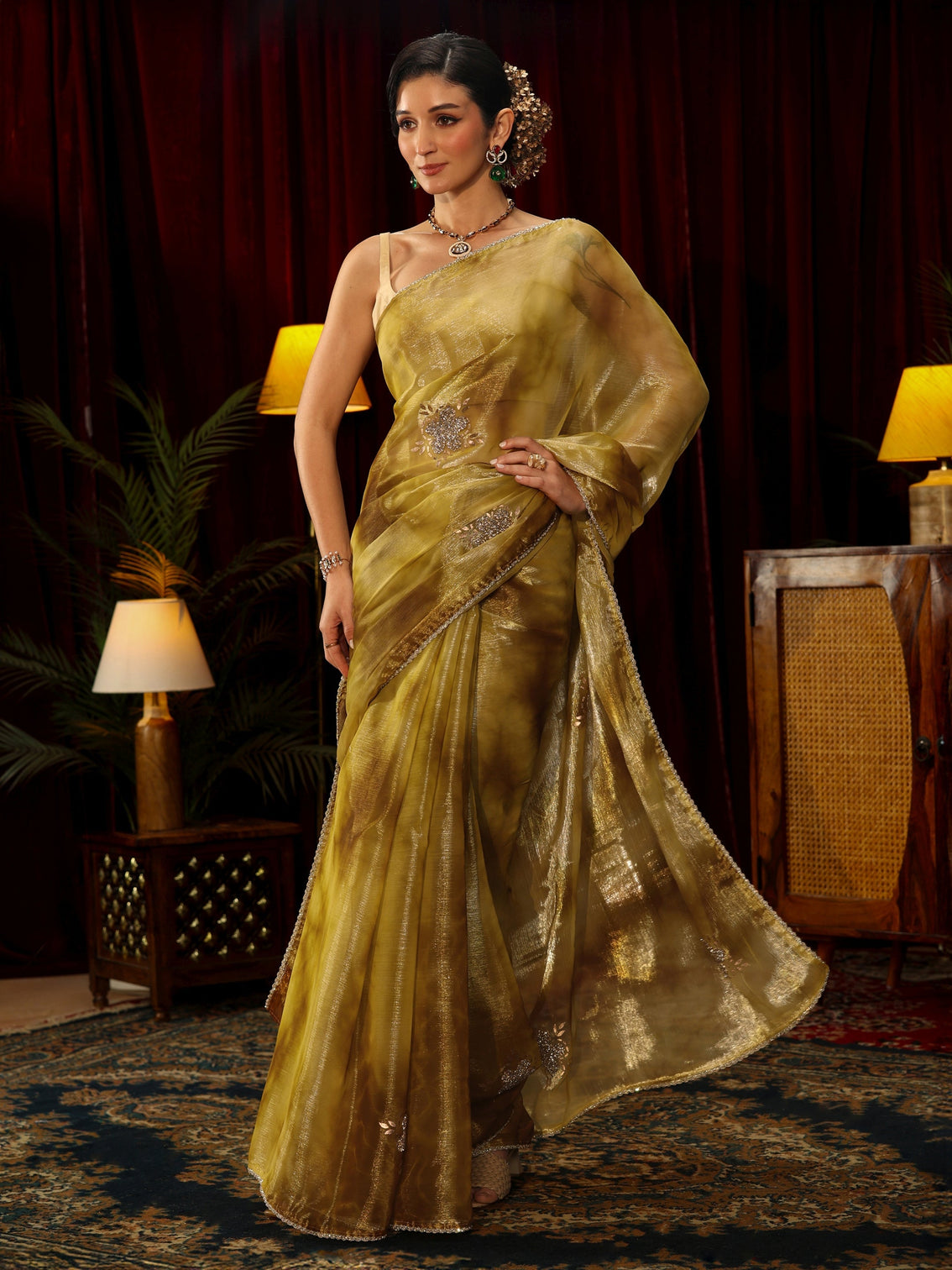 Mameraa Mustard Stone Work Embellished Tissue Saree